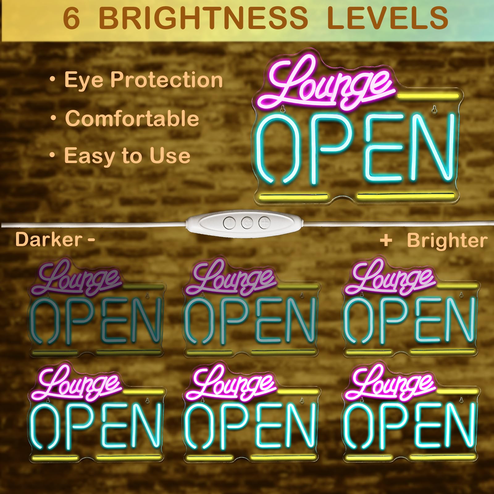 Wanxing Lounge Open Neon Sign, Bright LED Light, Dimmable, USB Powered, 16.5in  x 12.2in , Colorful Acrylic