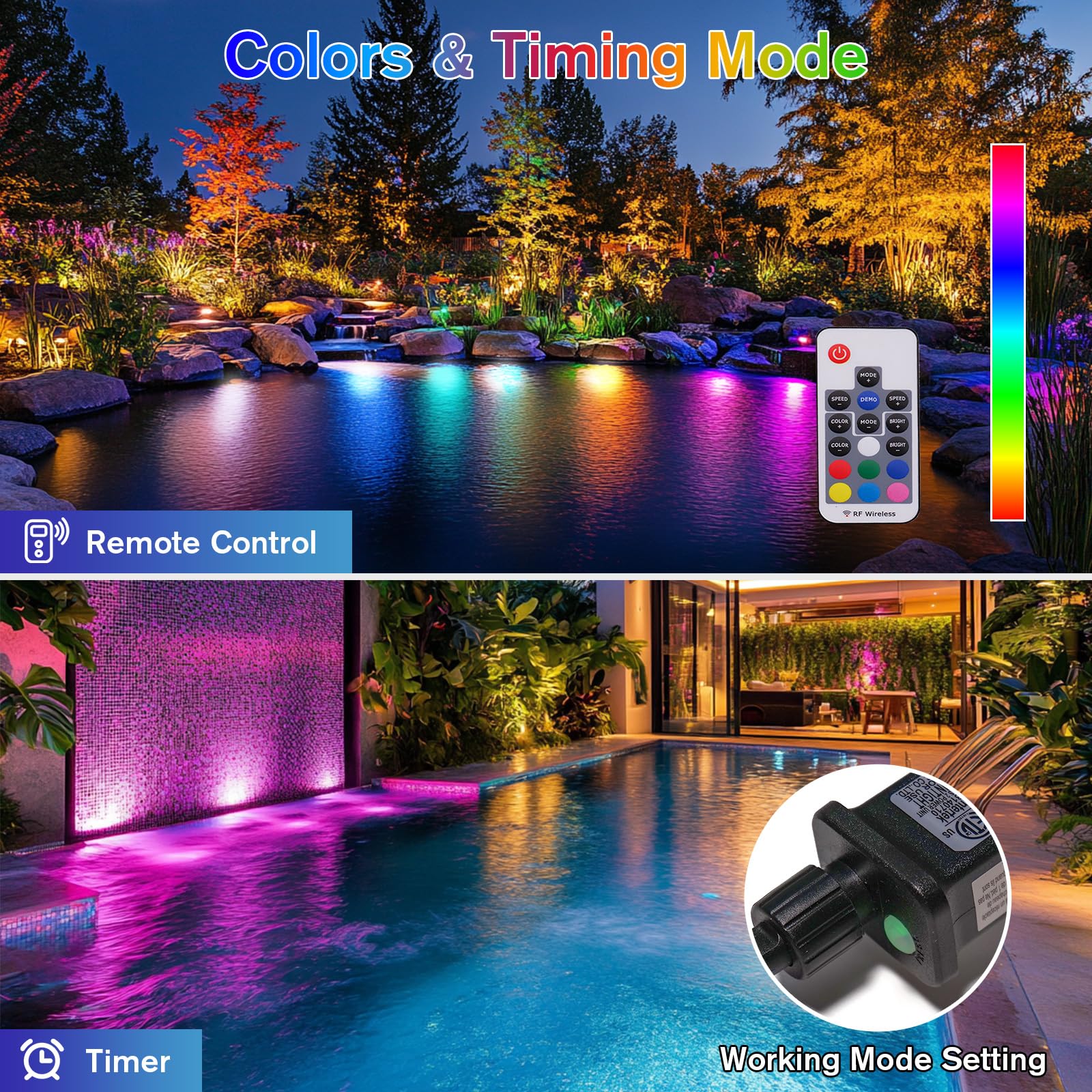 POPOSOAP RGB Underwater Pond Lights, 6 Headlamps, IP68 Waterproof, 20 Colors Dimmable, Remote Control, Multicolor, for Garden Pool