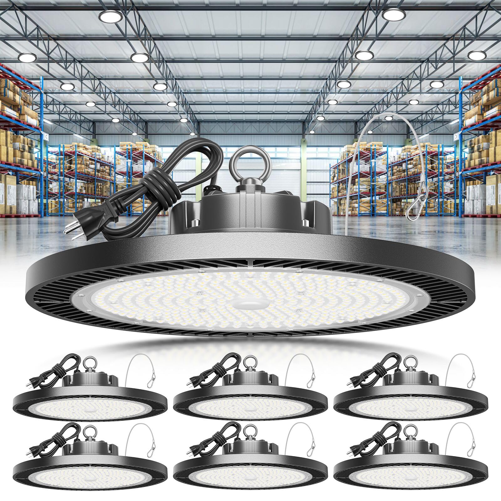 Elekico Super Bright 250W Ufo Led High Bay Light 35000Lm With Plug 5Ft Cable (Eqv.1000W Mh/Hps/Hid),5000K High Bay Led Shop Lights Garage Lighting For Garage Factory Workshop Warehouse Barn -6Pack