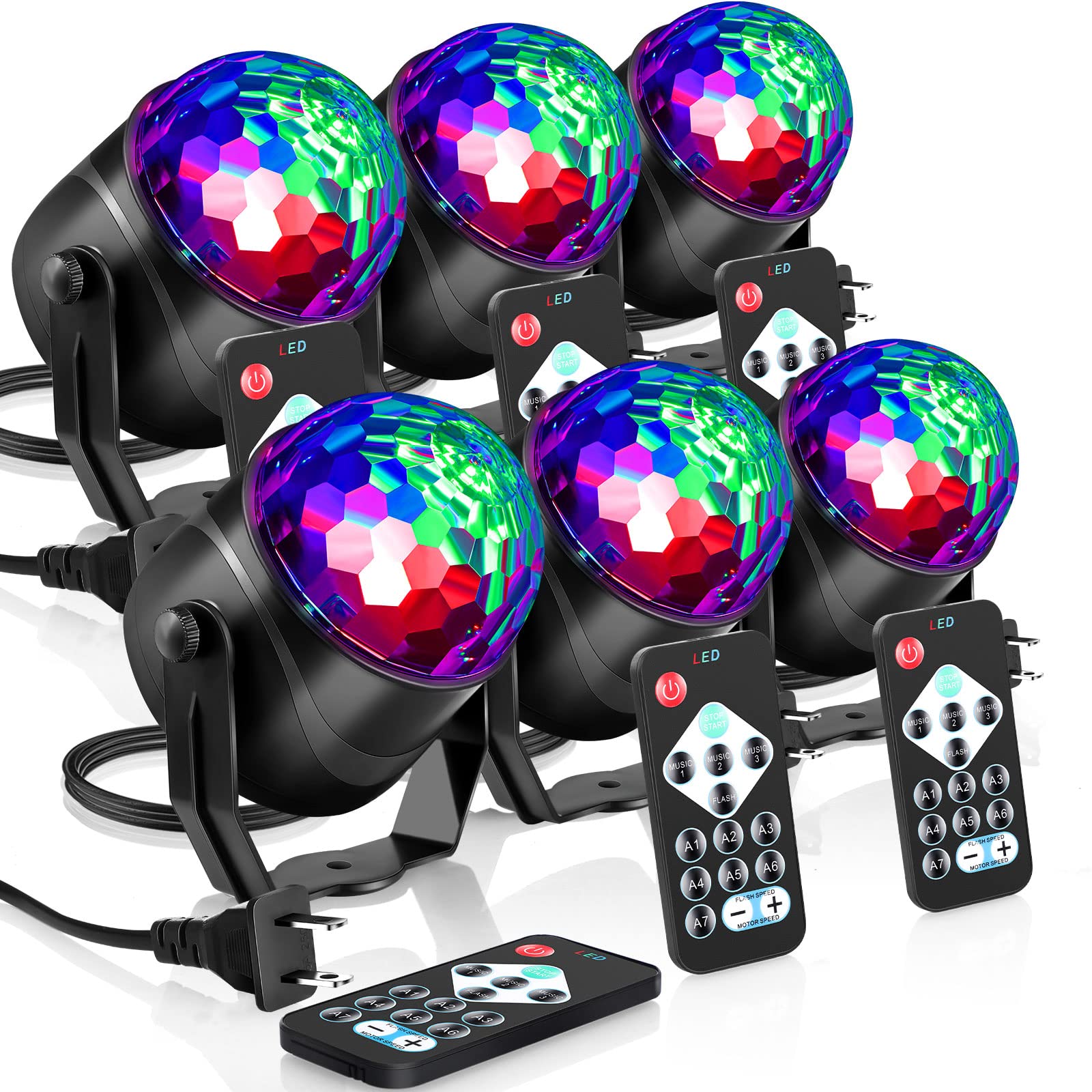 Hortsun 6 Pack Disco Ball Party Lights RGB DJ Strobe Light Lamp, Sound Activated, Remote Control, Multicolored, Model Hortsun-001