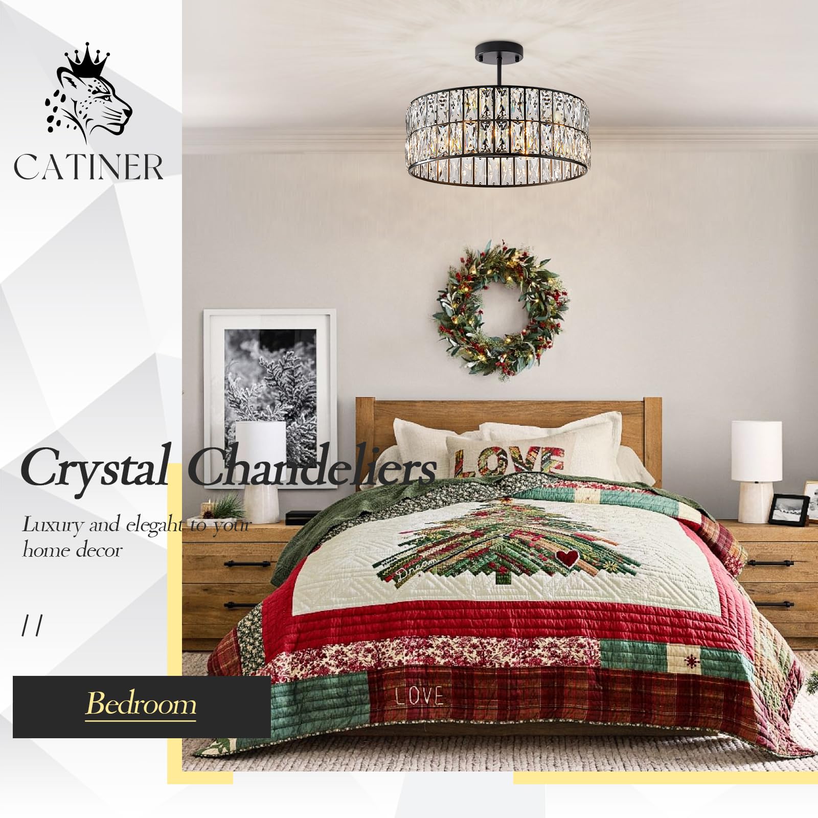 CATINER Black Crystal Chandelier - 6-Lights Pendant Light, 18" Drum Semi Flush Mount for Dining Room, Living Room, Kitchen