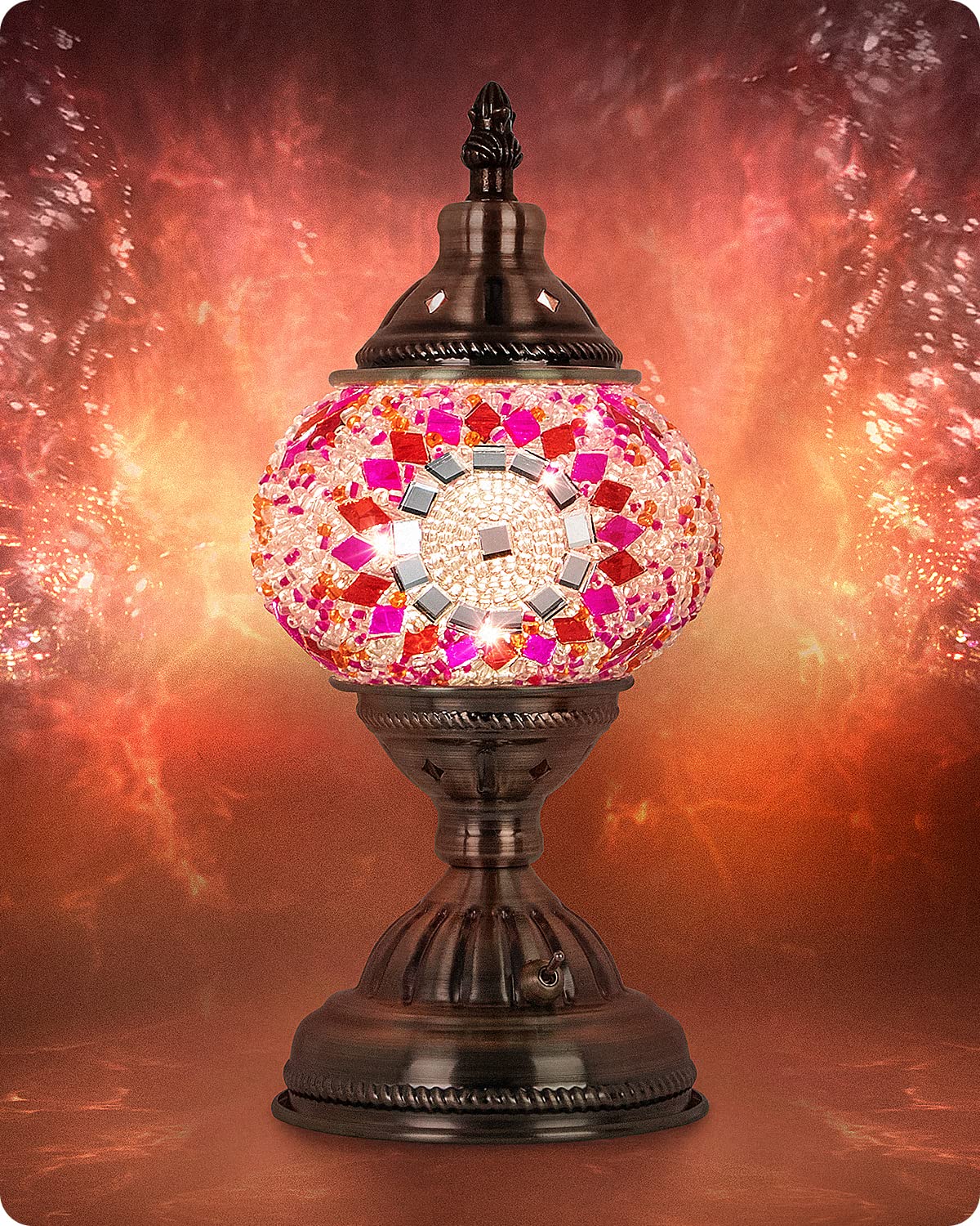 Yarra-Decor Turkish Moroccan Lamp with Bronze Base Handmade Tiffany Mosaic Glass Lamps Portable Bedside Lamps with Rechargeable 