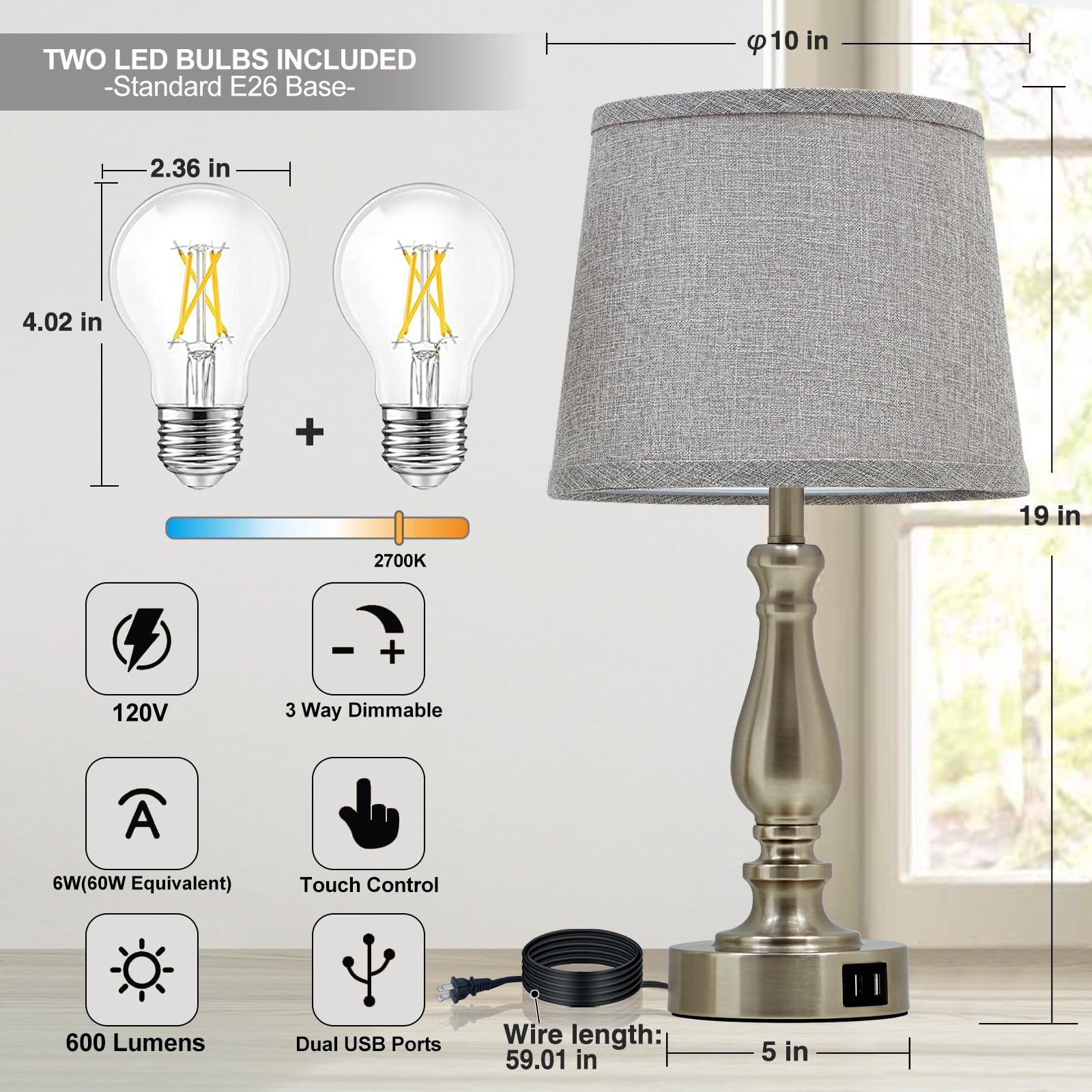 Ejiaxin Table Lamps For Bedroom Set Of 2,3 Way Dimmable Touch Bedside Lamps With Dual Usb A+C Ports - Nightstand Lamp For End Ta