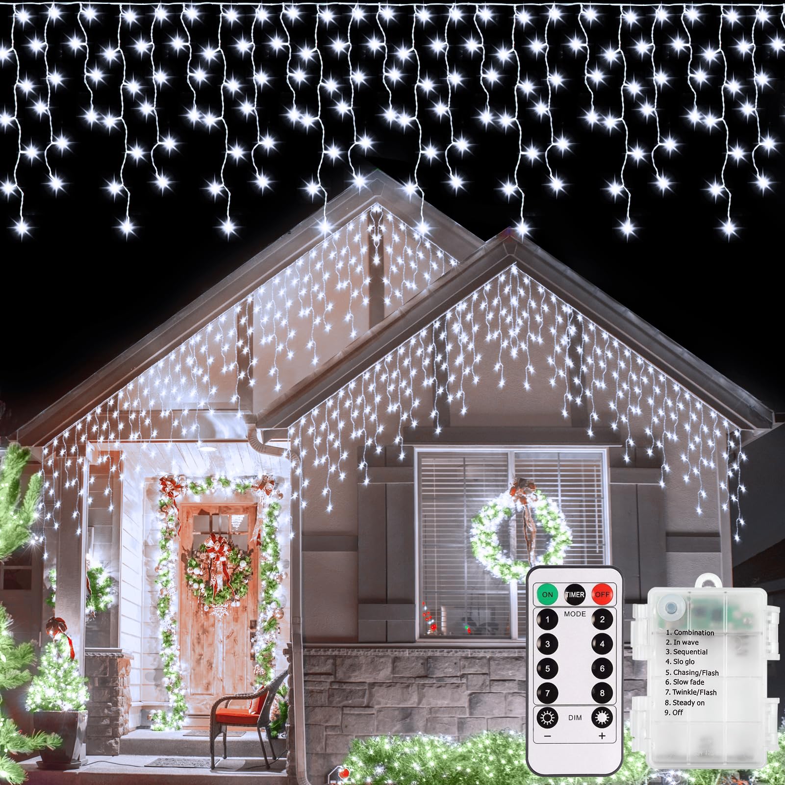 echosari Christmas Icicle Lights, Battery Operated 10Ft 102 LED Icicle Lights Dimmable with 8 Modes Timer Remote for Eaves Porch