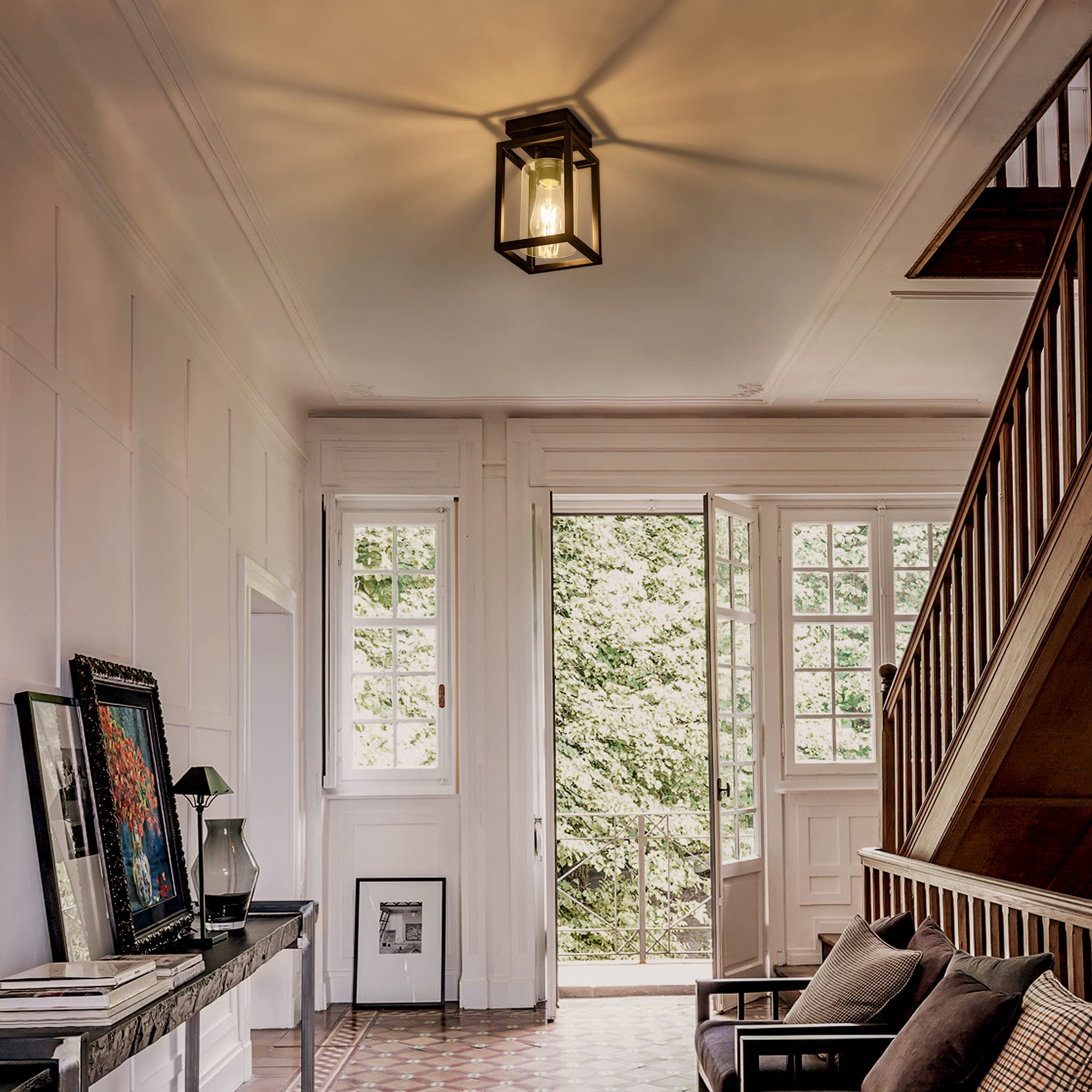 Mayful Flush Mount Ceiling Light Fixture With Clear Glass Shade, Farmhouse Black Metal Frame Light Fixture For Kitchen Island En