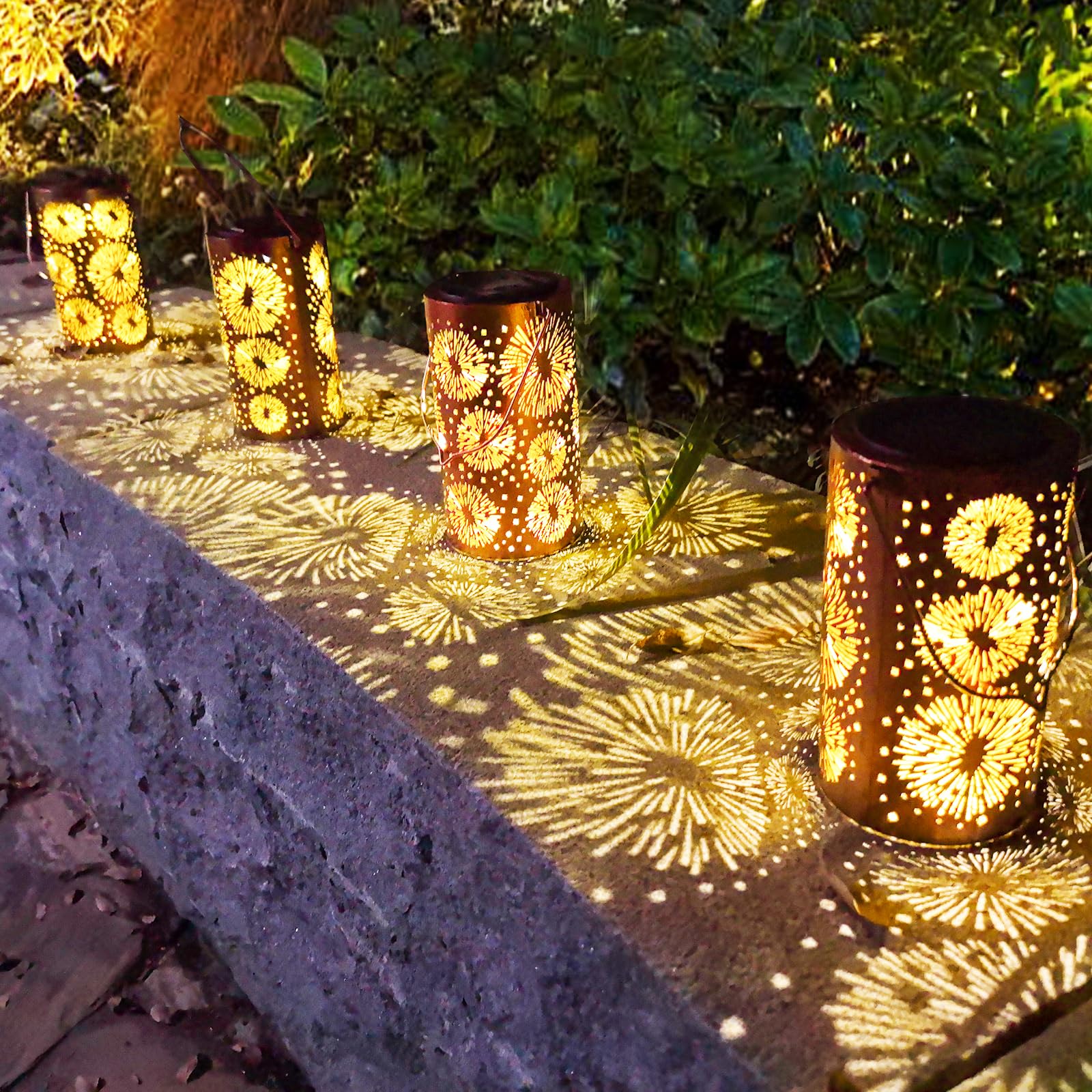 4 Pack Fireworks Solar Gardening Lanterns, Garden Decor for Outside, Pattern Solar Decorative Lights, Waterproof, Outdoor Gifts 