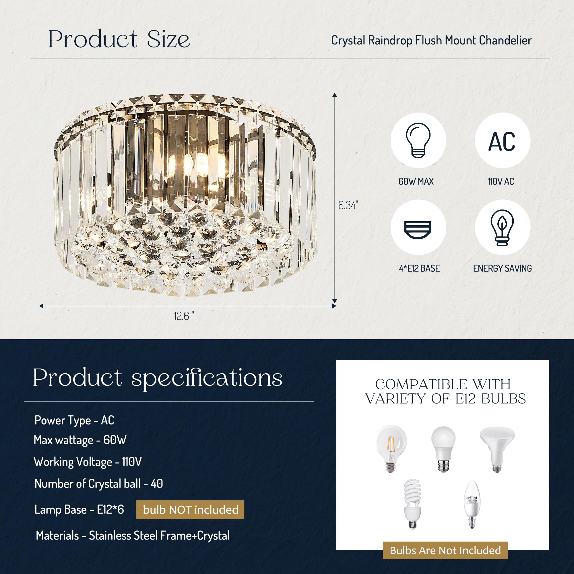Faibra 12.6" Black K9 Crystal Raindrop Flush Mount Ceiling Light - Modern Chandelier for Dining Room, Bedroom, Kitchen & Living Room
