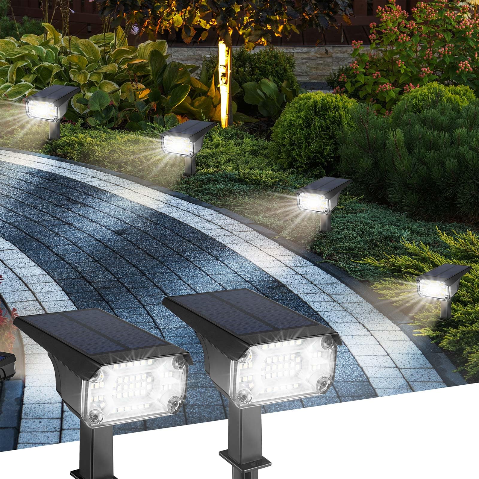 Kingsyard Solar Lights Outdoor, 47 LEDs, IP68 Waterproof, USB & Solar Powered, 2 Pack, Cool White