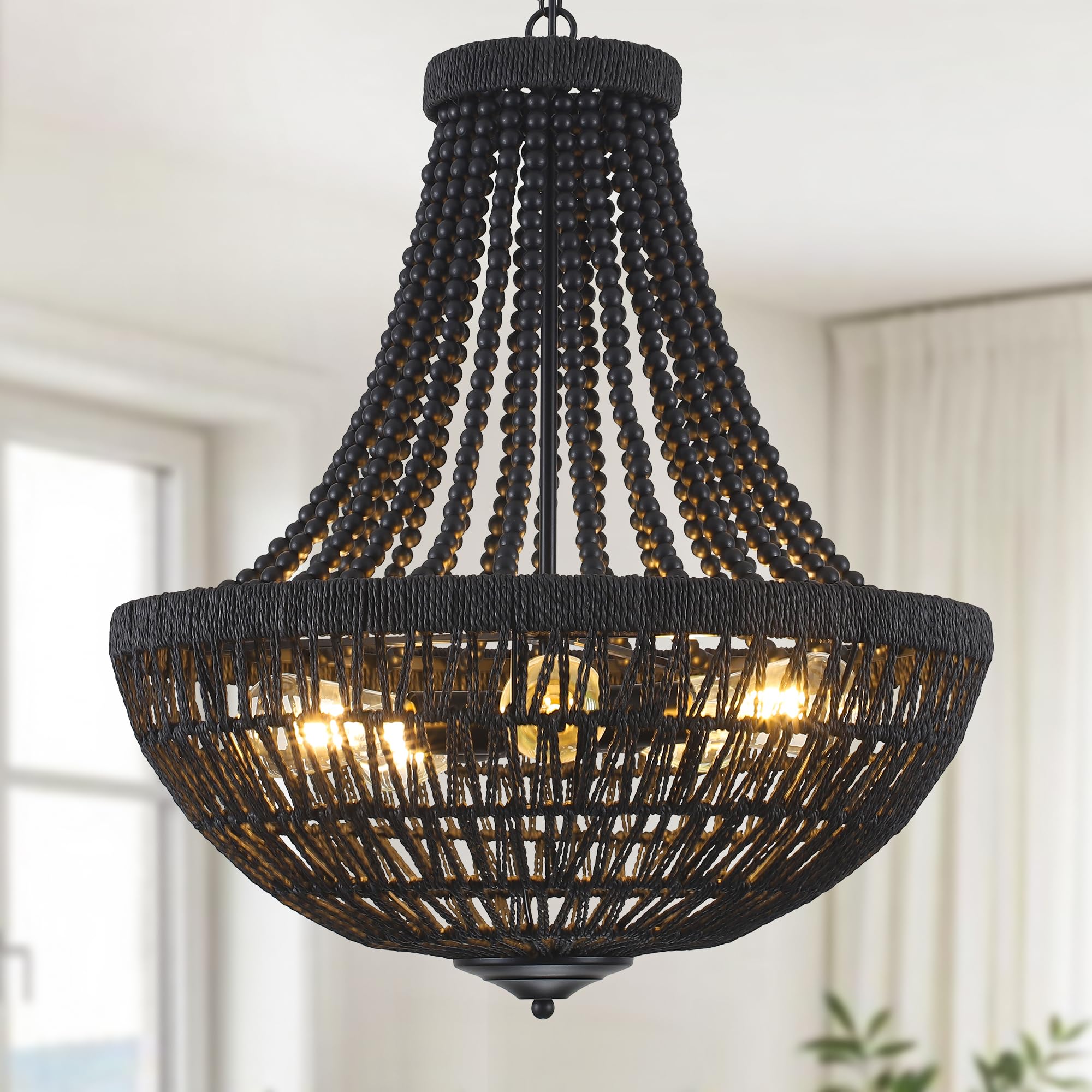 22 Boho Wood Beaded Chandelier, Farmhouse Coastal Pendant Light Rustic Bohemia Rattan Chandeliers for Dining Room, Living Room, 