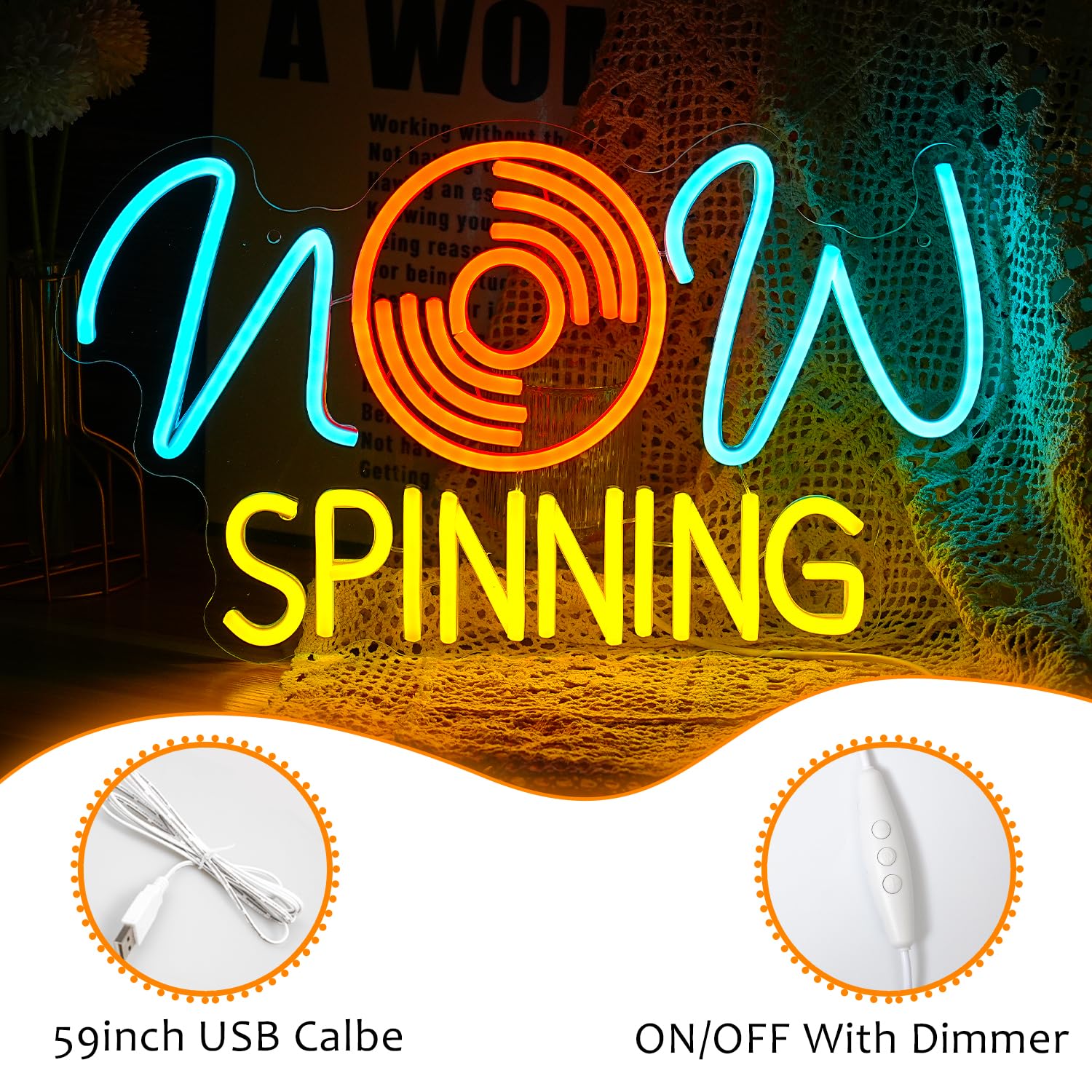 LISIGNVE Neon Sign - Dimmable LED Music Light for Wall Decor, 16.7x19.8 Inch, Ice Blue Yellow Orange, Acrylic