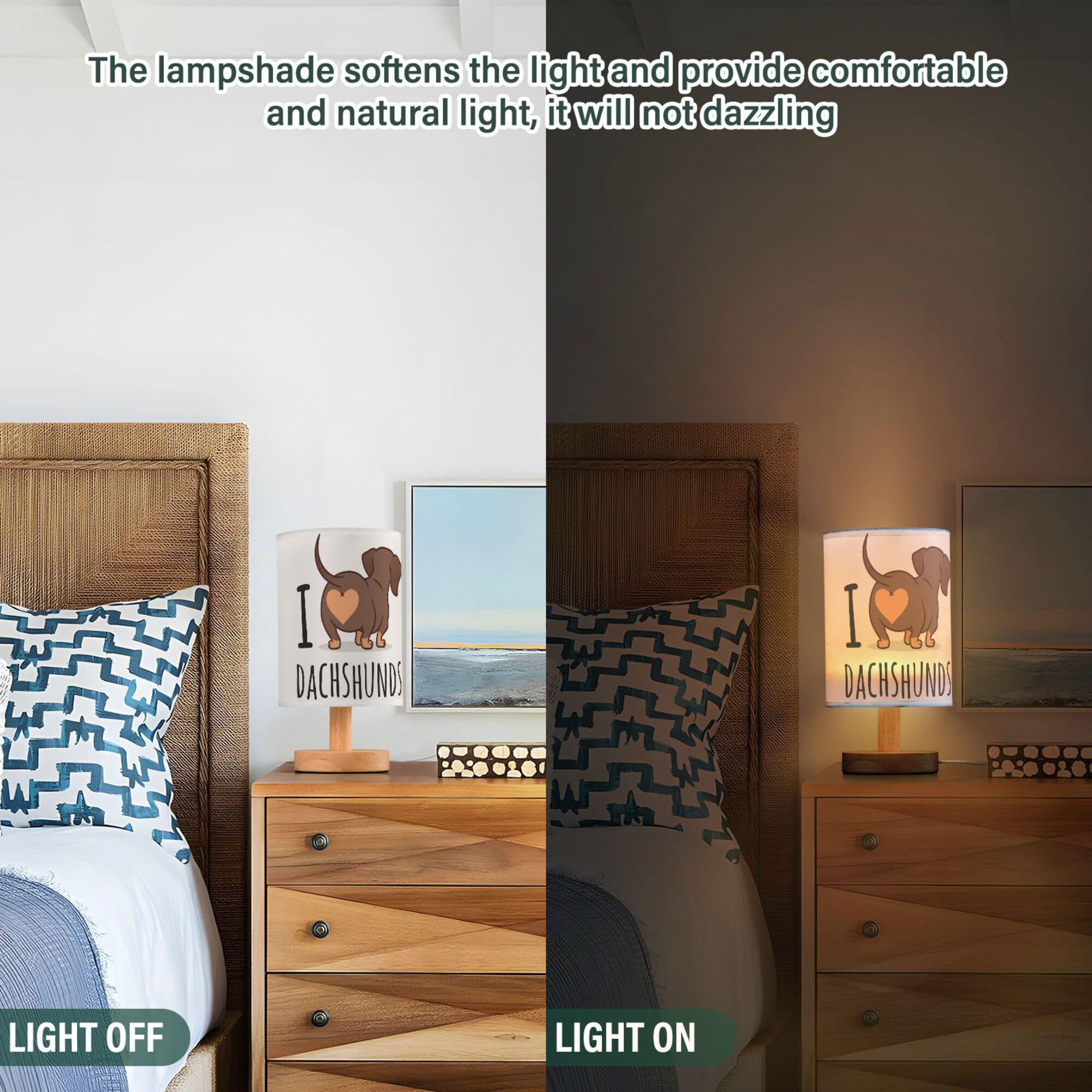 Yyzzh Table Lamp Cute Dachshund Dog I Love Dachshunds Heart Butt Nightstand Lamp With Wood Base Fabric Lamp Shade Bedside Desk L