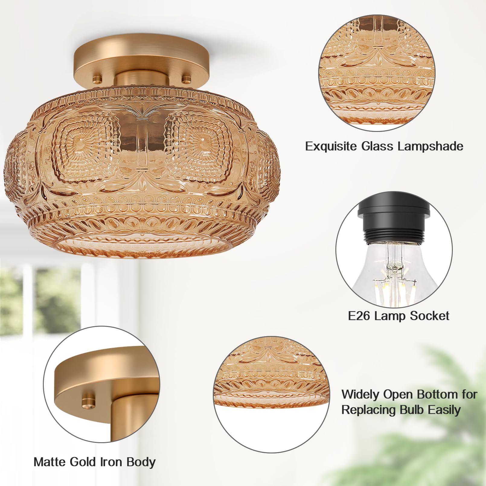 OYKYOHEI Semi Flush Mount Ceiling Light, Amber Glass Fixture for Hallway, 9.38 Inch, Art Deco Design, Bulb Not Included