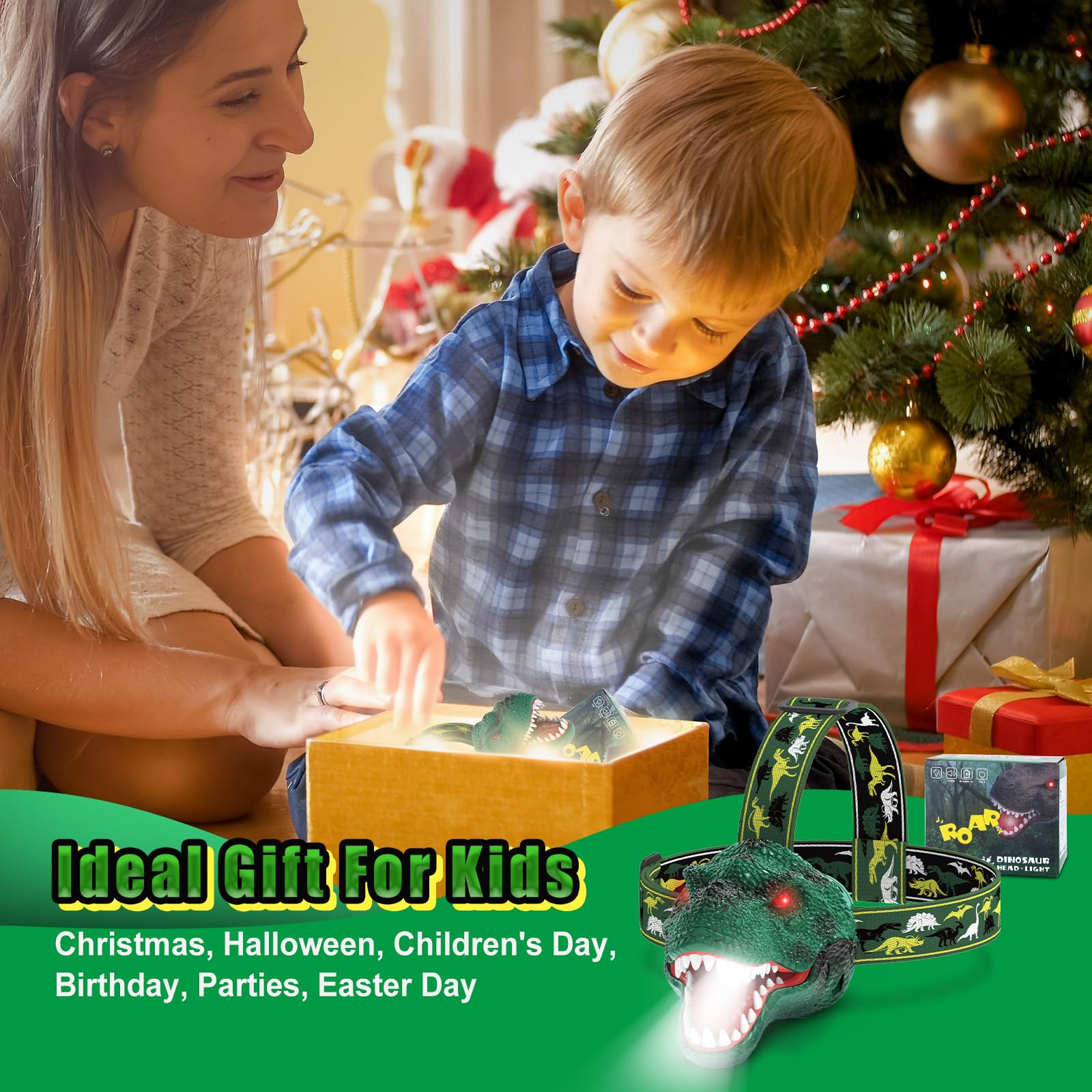 Nitigo Dinosaur Headlamp For Kids Flashlight Rechargeable Led Headlights Roar & Silent Mode, T-Rex Dinosaur Toys For Kids 3-5 4-6 5-7 6-8, Camping Gear, Gifts For Boys Girls Adults