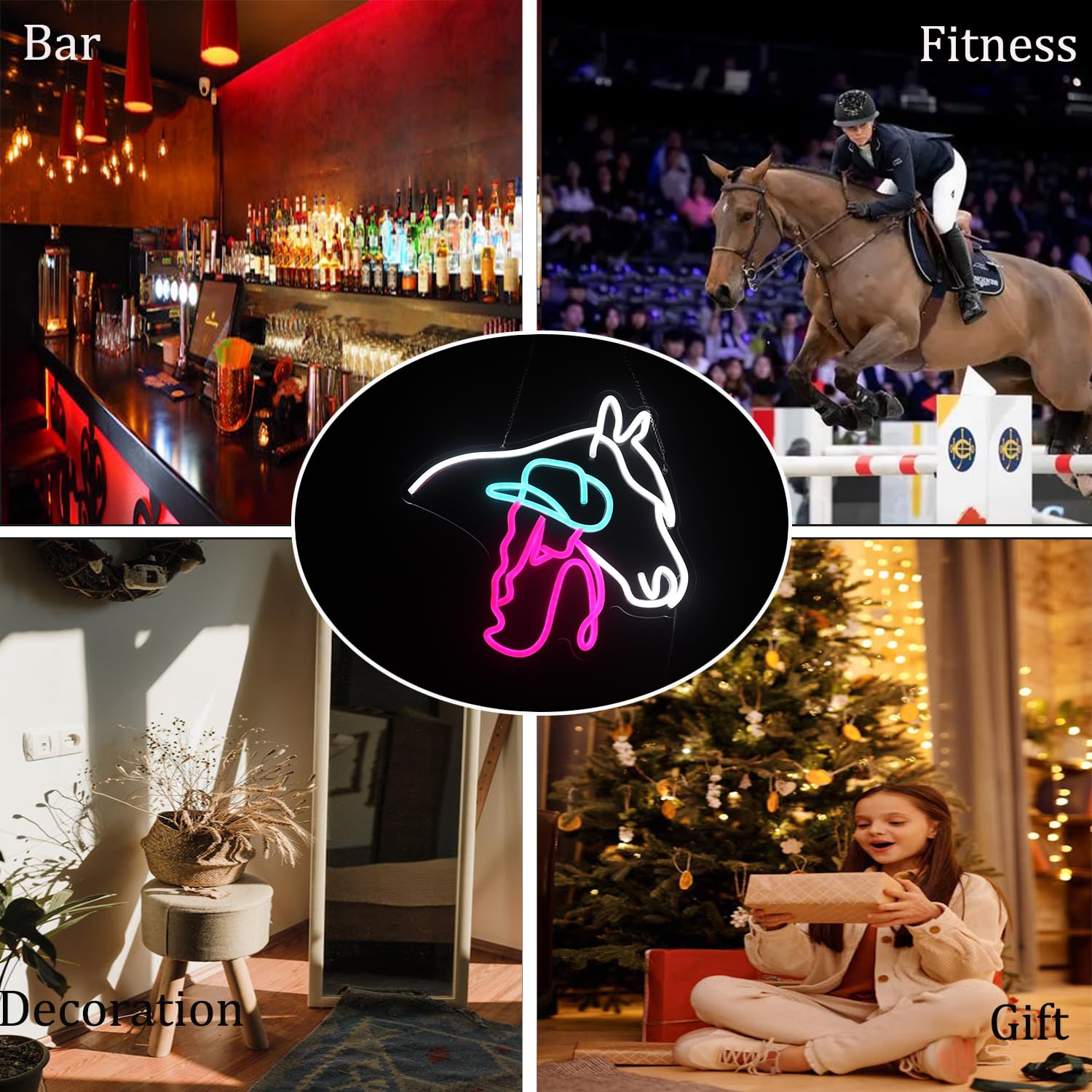 QiaoFei Neon Sign, Horse Cowgirl Led Light, Acrylic, 12.99inx13.39in, White-Ice Blue-Pink