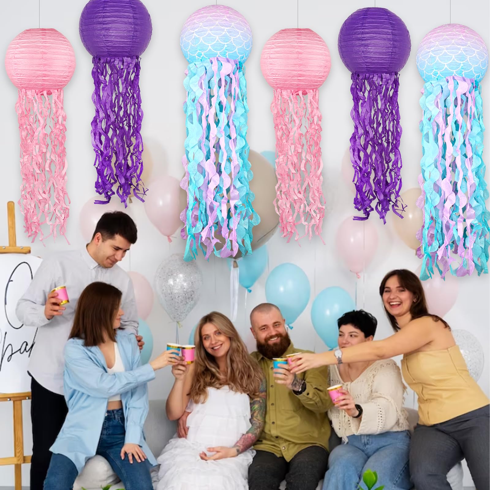 Hanging Jelly Fish Paper Lanterns Mermaid Theme Party Decorations, Pink Purple Blue Paper Lanterns For Ocean Theme Birthday Unde