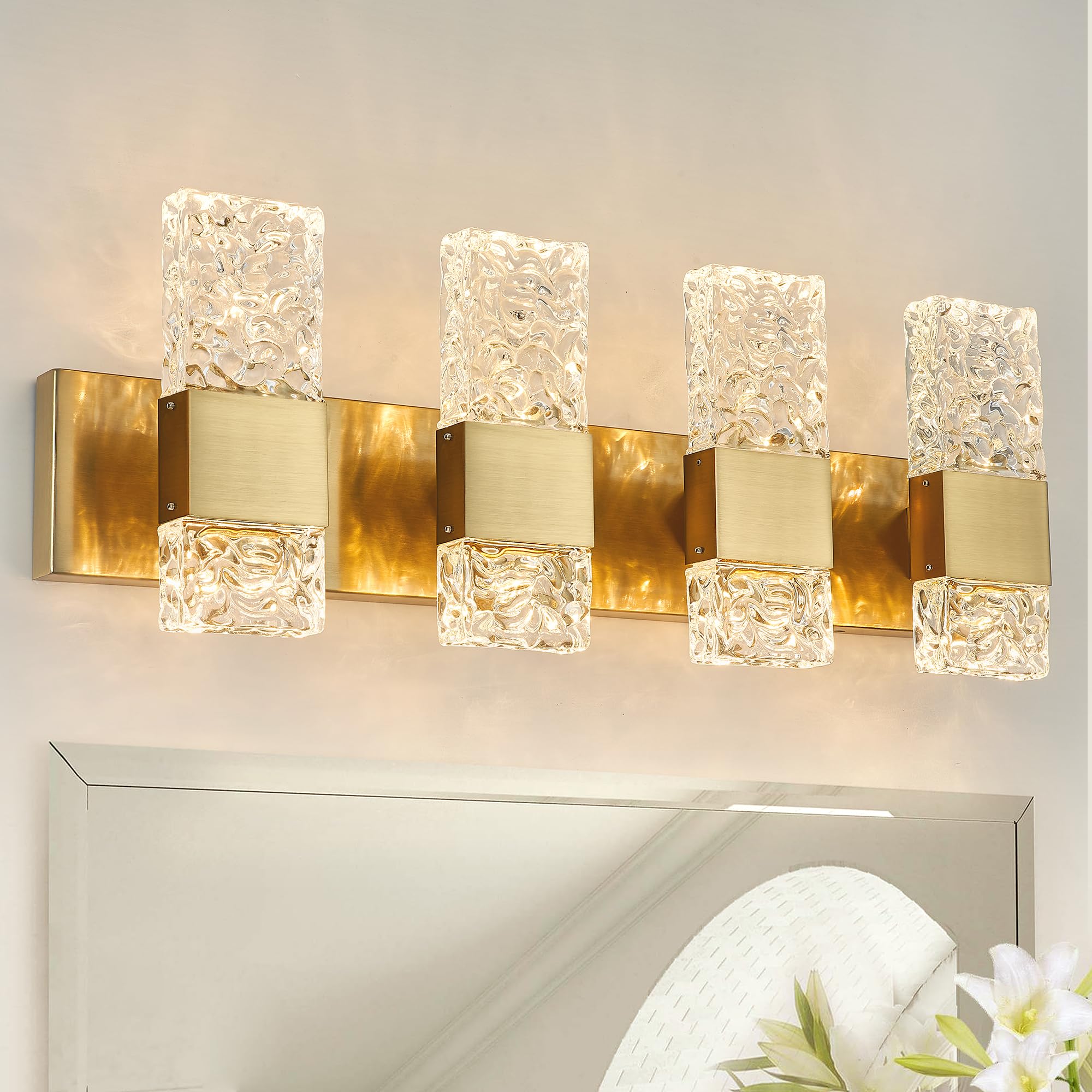 OYLYW Vanity Lights Fixtures for Bathroom, 4 Lights, Dimmable, Brushed Gold, Stainless Steel, Model JQ1428-4TG