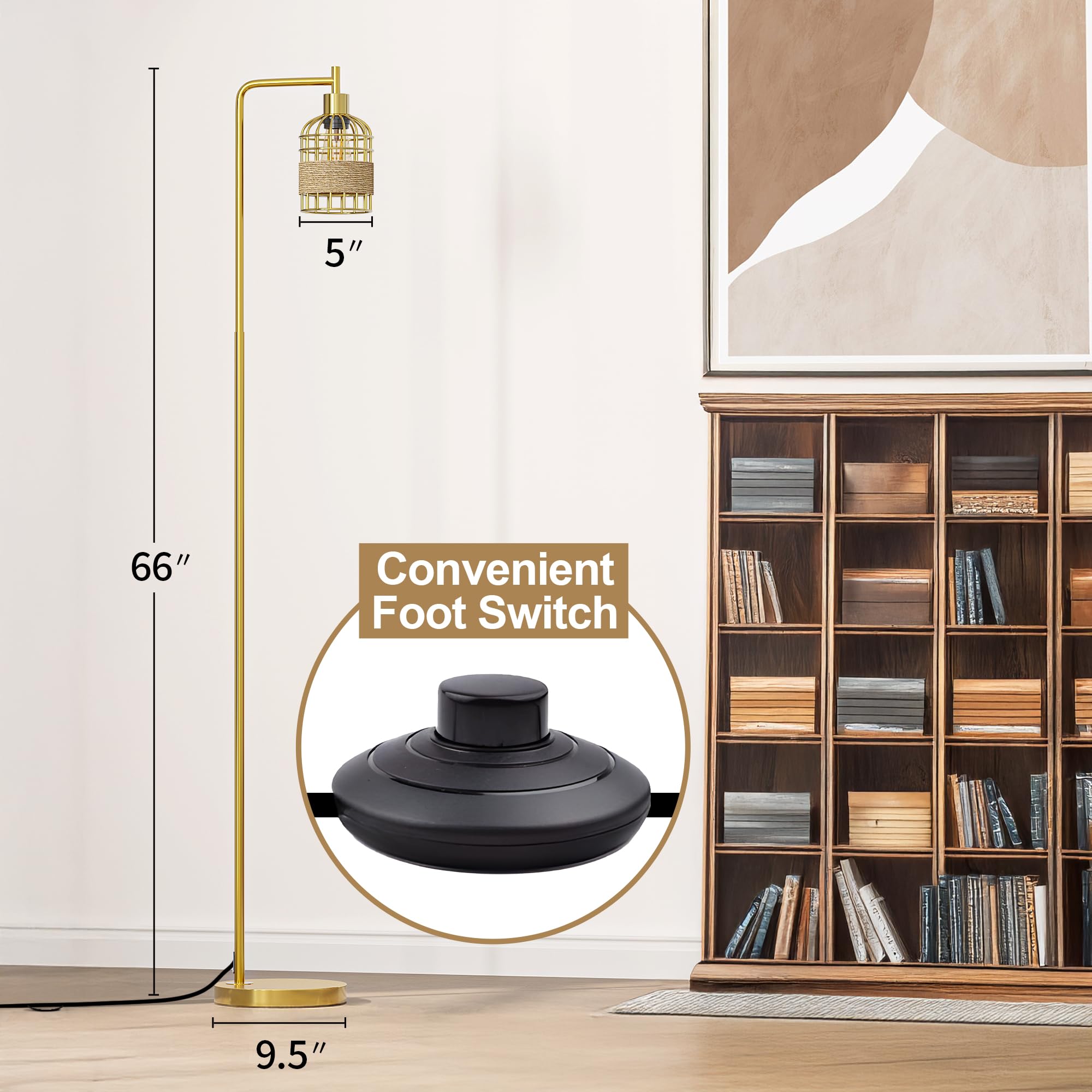 Oneach 66'' Gold Floor Lamp For Living Room, Industrial Floor Lamp With Led Buld, Rattan Shade, Foot Switch, Minimalist Farmhous