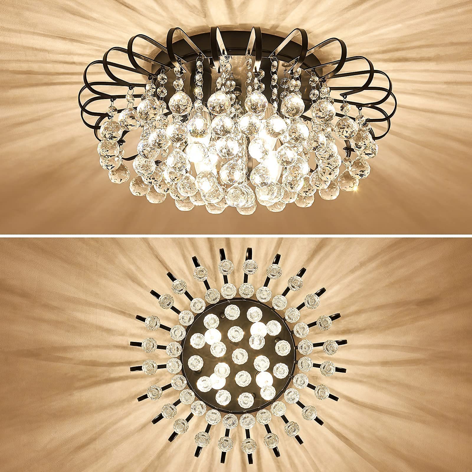 Cvkash Crystal Floral Chandelier 4-Light Antique Modern Black Flush Mount Raindrop Crystal Ceiling Lighting Fixture Chandelier F