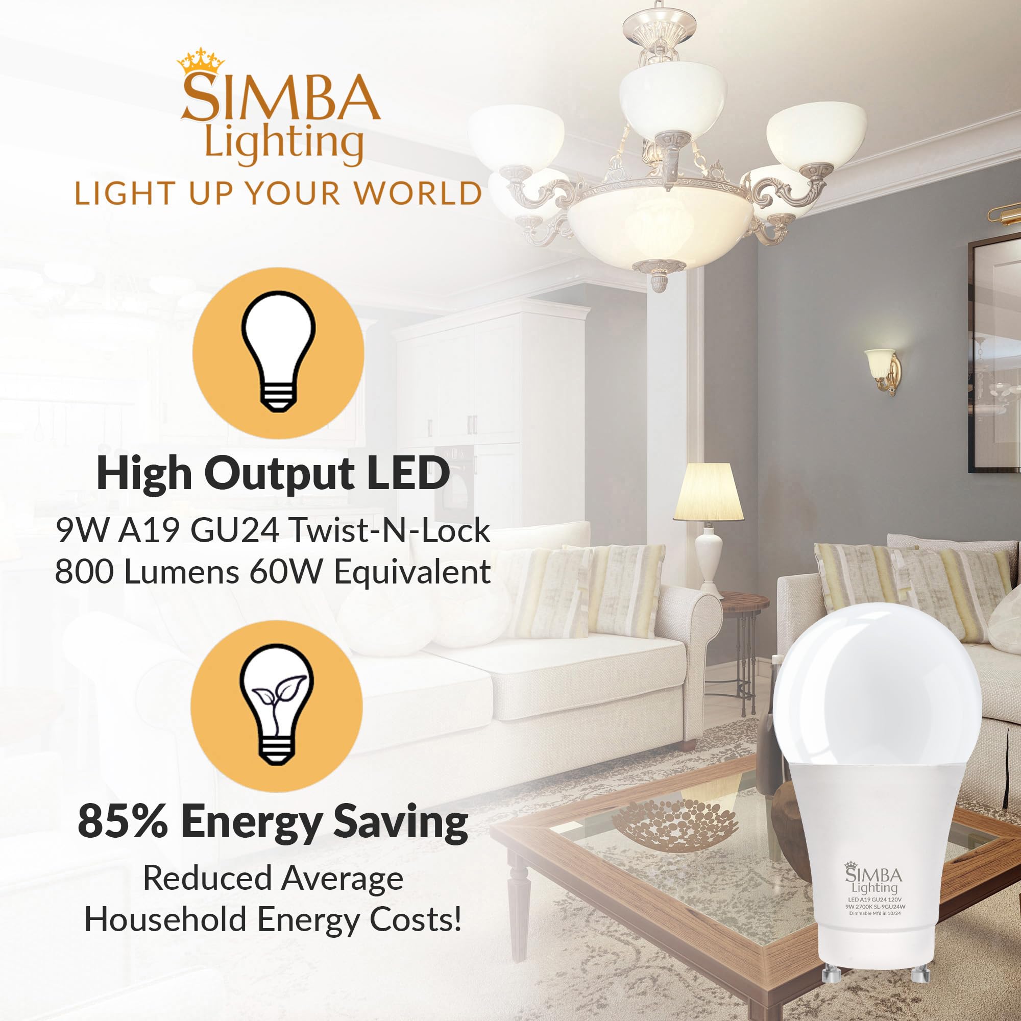 Simba Lighting LED GU24 A19 Light Bulb 9W 4 Pack 2700K Warm White Dimmable Plastic