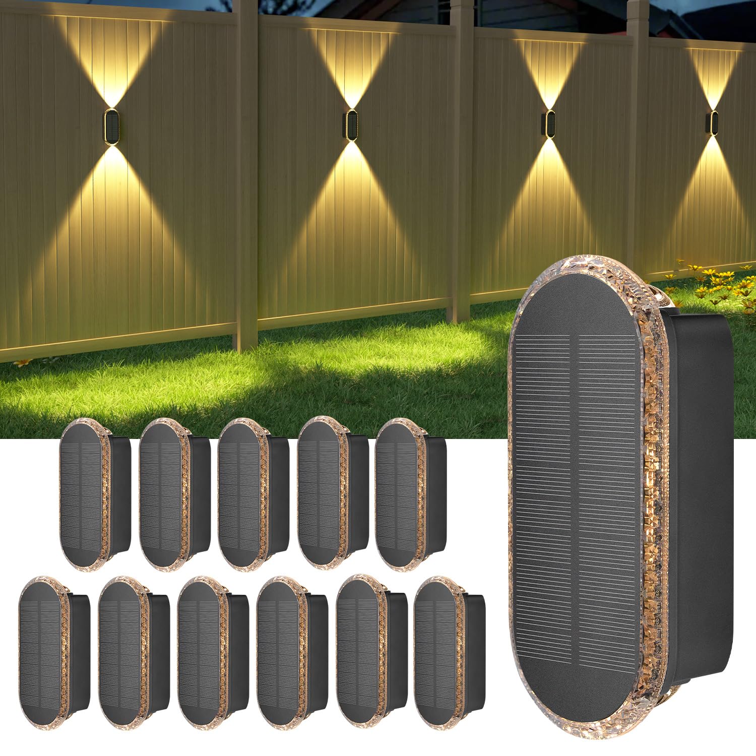 Ellasay Solar Fence Lightsv Backyark: 12-Pack Fence Lights Solar Powered 3 Color Modes - Up & Down LED Waterproof Solar Wall Lights for Outdoor Yard/Porch/Patio/Railing