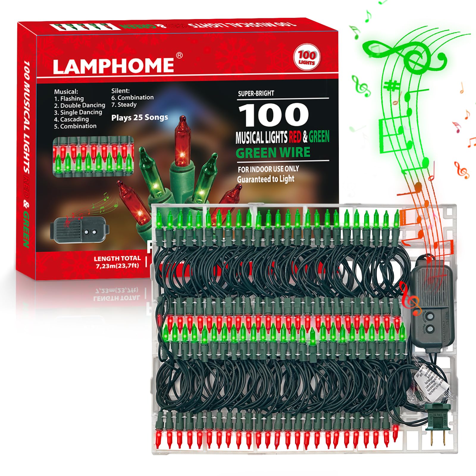LAMPHOME Musical Christmas Lights, 100 Lights, 23.7ft, Plays 25 Songs, UL Certified, Red and Green Mini Bulb String Lights