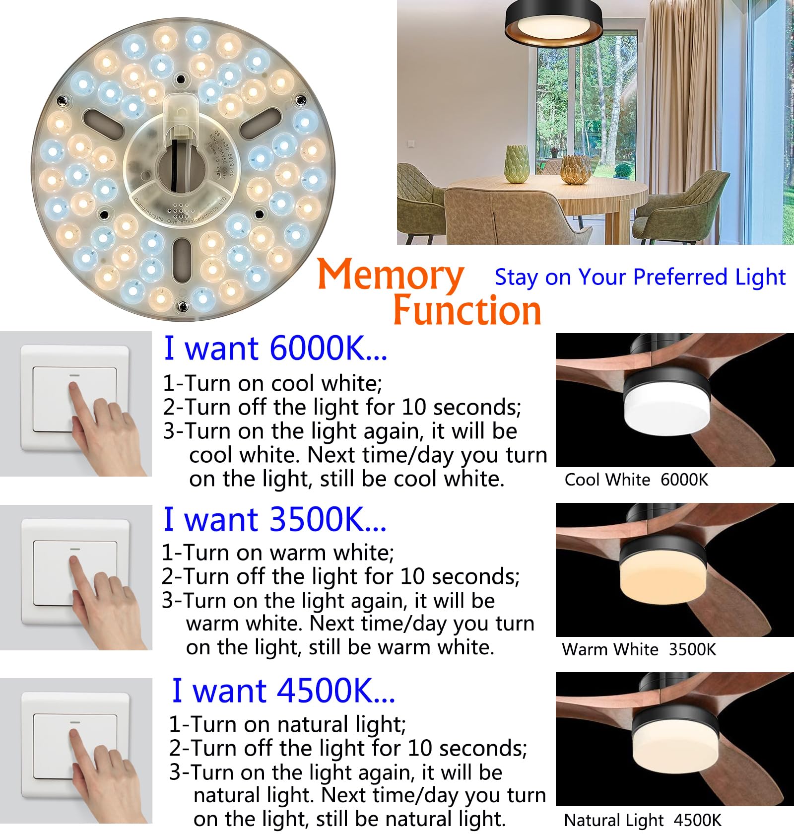 24W Dimmable Led Light Engine Retrofit Kit For Ceiling Fan Light Replacement Led Board Panel,3 Color Temperature Memory Function