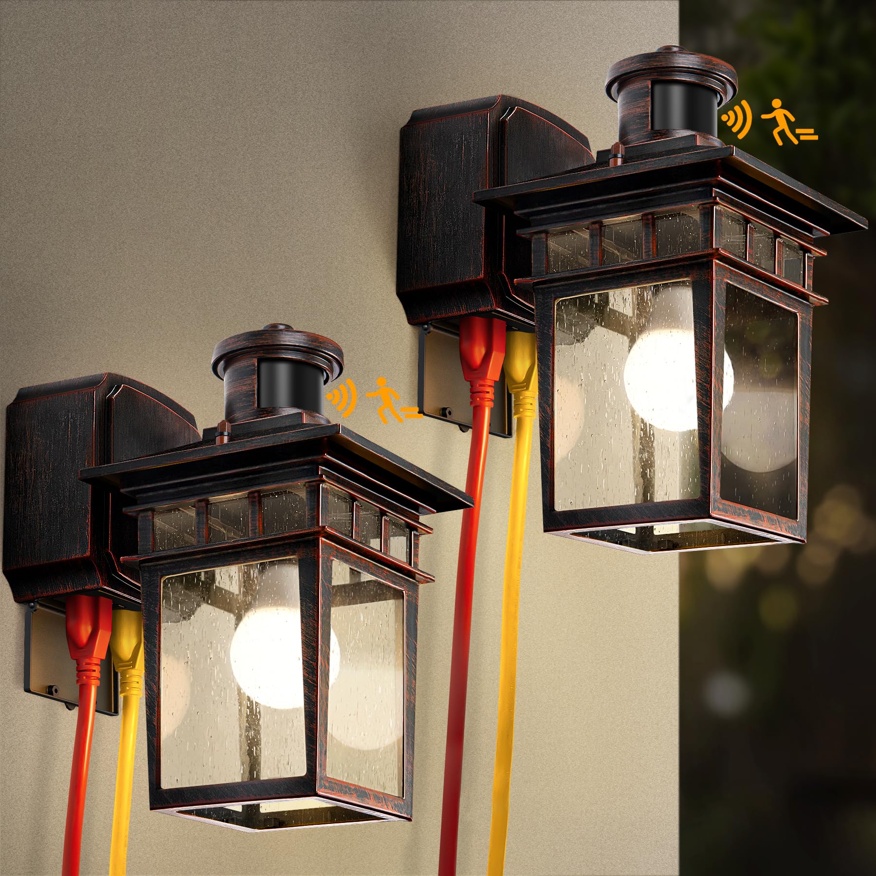 APOTO 2 Pack Porch Lights with GFCI Outlet, Black & Bronze Gold Dusk to Dawn Motion Sensor Outdoor Light, 3-Mode Wall Exterior L