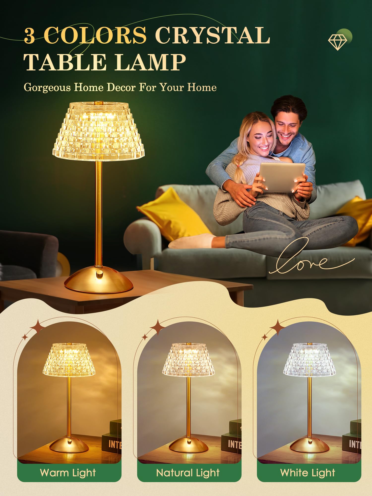 Crystal Lamp For Bedroom,500 Lm Small Lamps For Small Spaces,3 Colors Dimmable Touch Lamps For Bedrooms,Touch Lamp Small Lamp,Sm