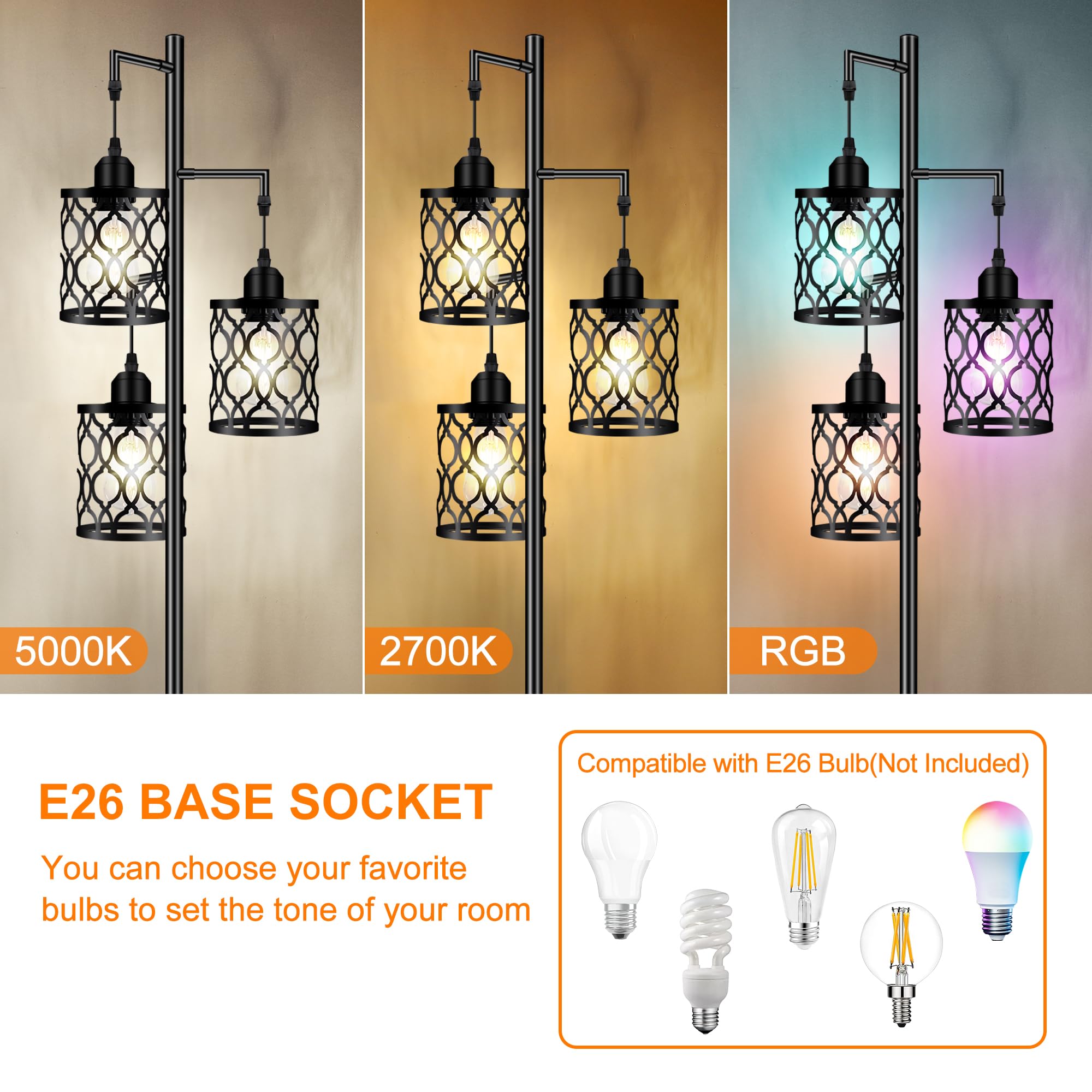 Industrial Floor Lamp, Metal Farmhouse Tall Lamp For Living Room, Rustic Standing Lamp With 3 Elegant Cage Heads, Tree Floor Lam