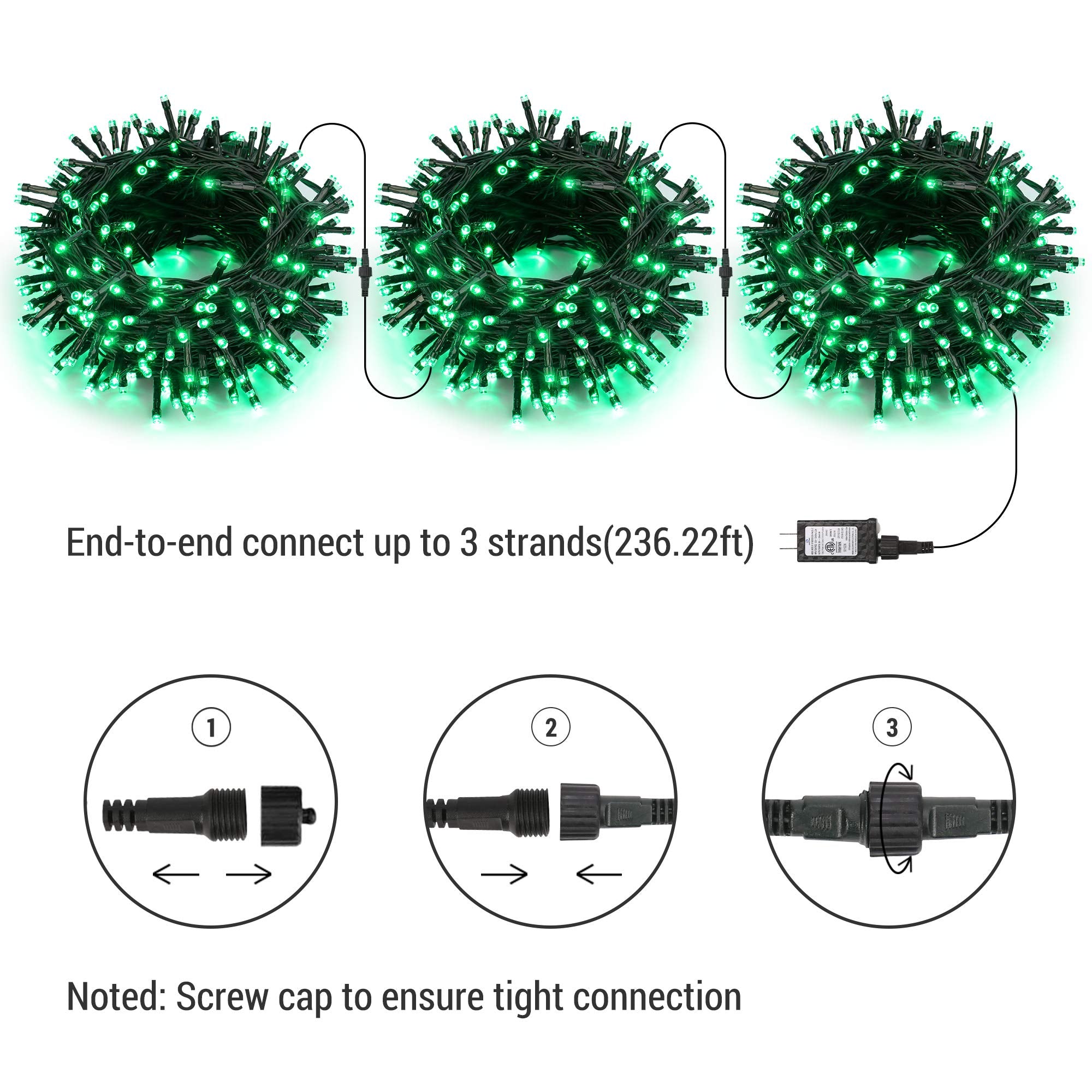 Brizled 240 LED Green Christmas Lights, 78.74ft Connectable Outdoor Fairy Lights, Waterproof, 8 Modes, Model GP-SW290DC0209-IP44