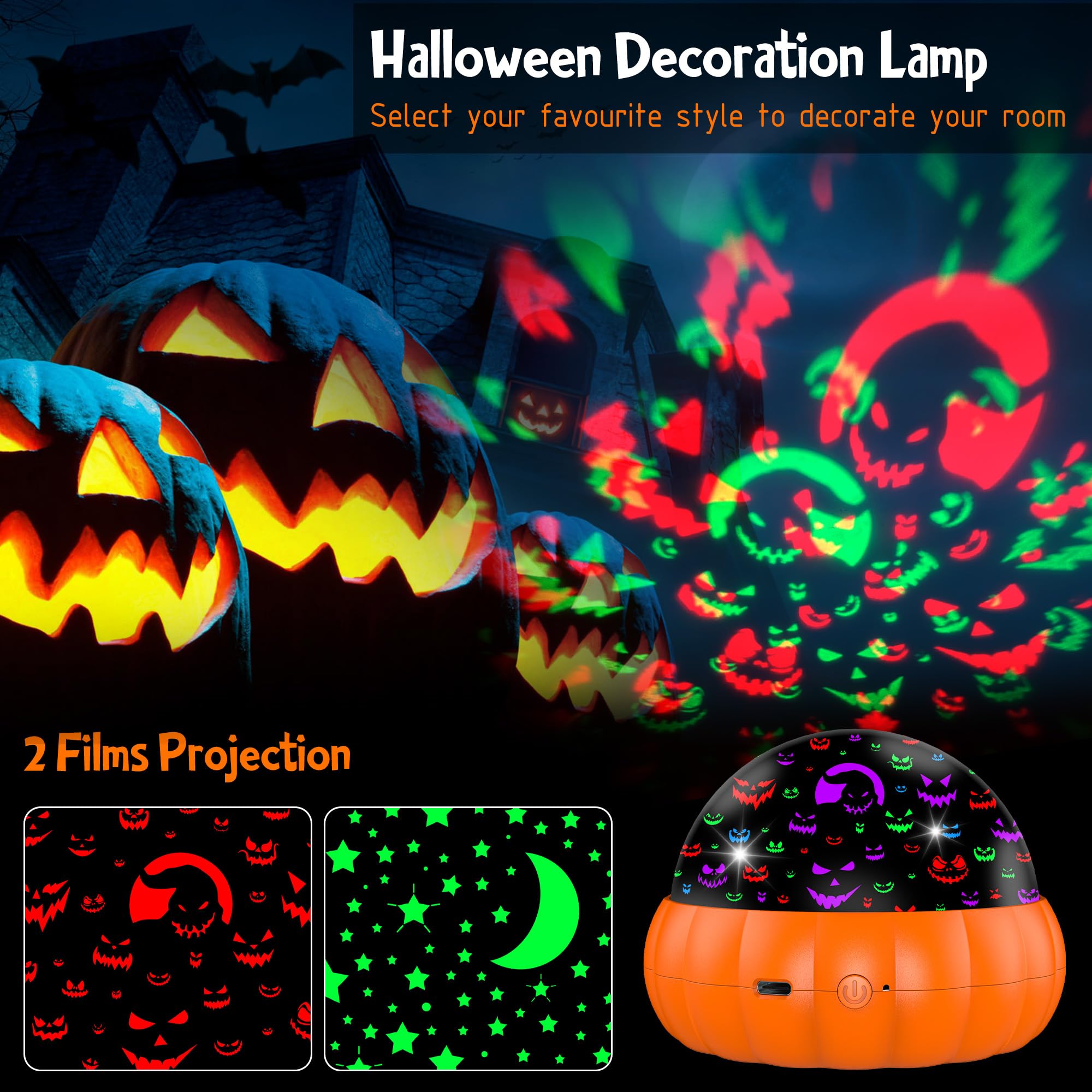 2 In 1 Halloween Projector Indoor, Pumpkin Star Projector Night Light For Kids, Jack O'Lantern Faces & Starry Theme, 15 Color Mode, 360 Degree Rotation Bedroom Party Decor Festival Gifts Boys Girls