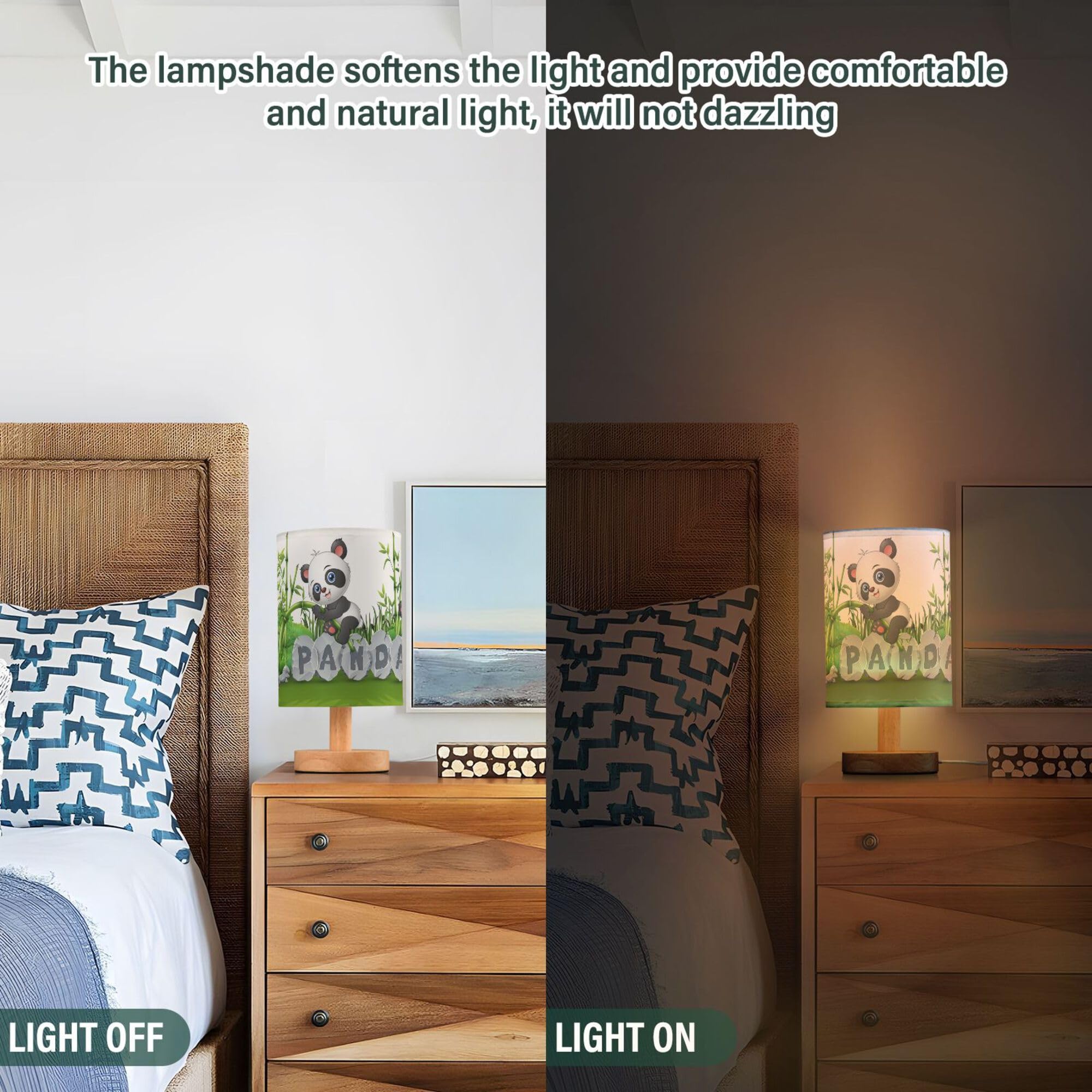 YYZZH Table Lamp Cute Panda Baby in Bamboo Garden Nightstand Lamp with Wood Base Fabric Lamp Shade Bedside Desk Lamp for Living