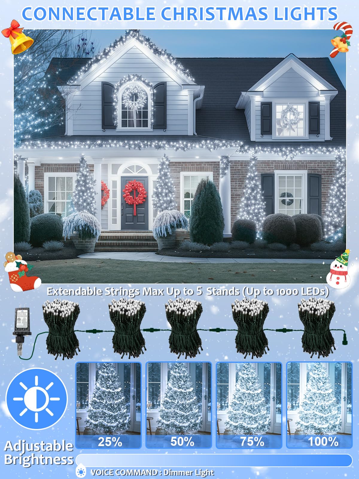 Voice Controlled Smart Christmas Lights Outdoor  75.8Ft 200 Led Extendable String Lights With 7 Voice Commands  12 Modes & Timer  Waterproof Christmas Decorations For Party Tree Garden (Cool White)