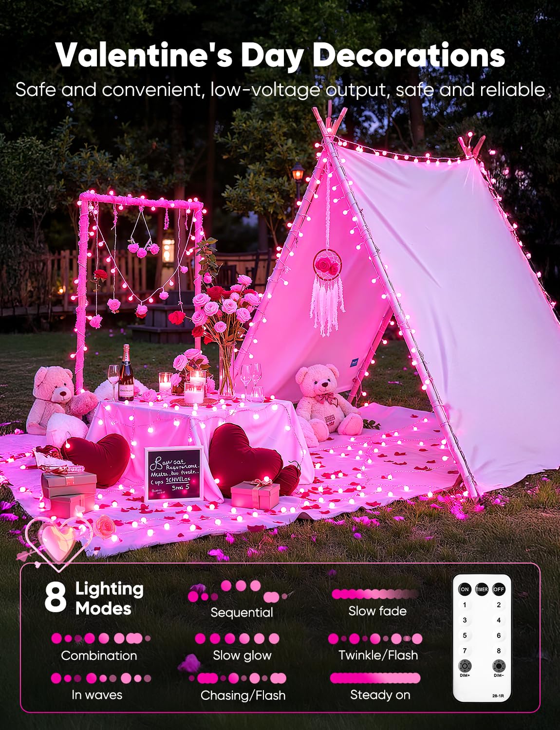 Minetom Globe String Lights  33 Feet 100 Led Fairy Lights Plug In  8 Modes With Remote Mini Globe Lights For Indoor Outdoor Bedroom Party Wedding Garden Christmas Tree Decor  Pink