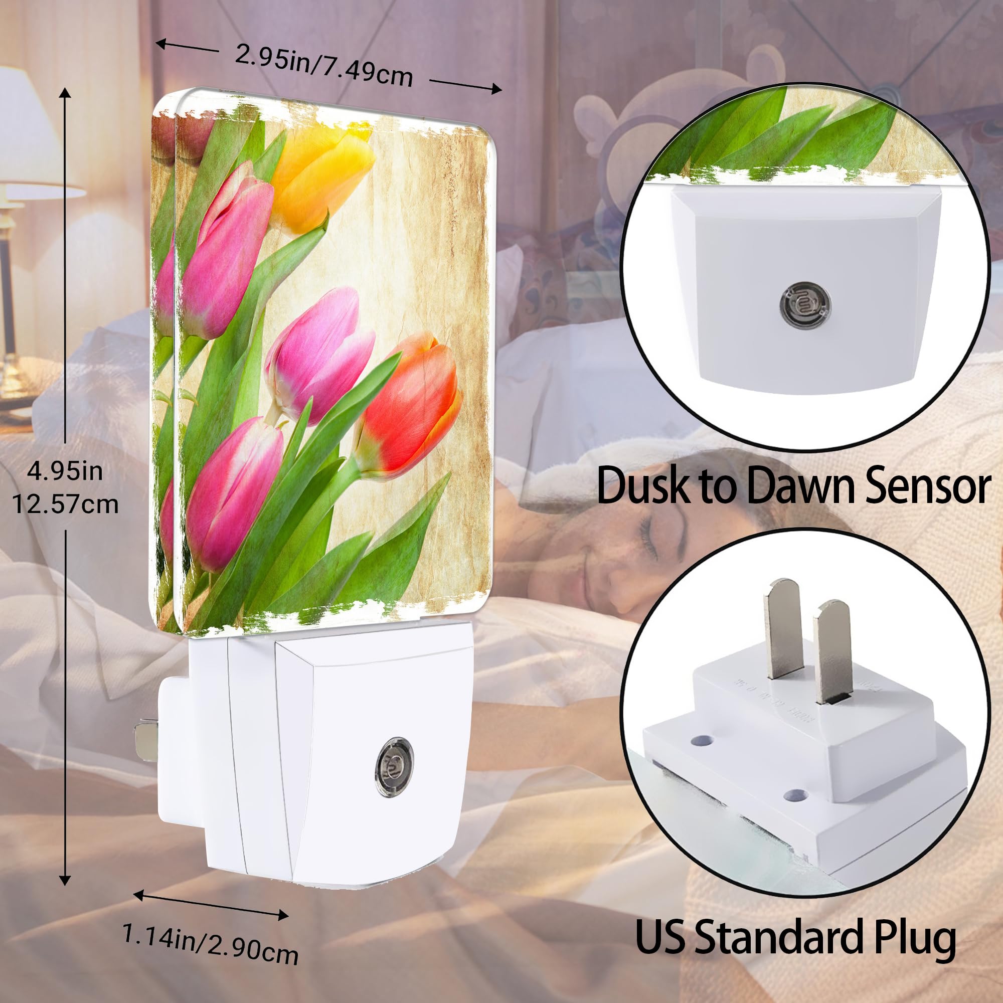 Jopowide Vintage Tulips Night Light Plug In Wall Lamp Smart Dusk To Dawn Sensor For Home Decorative  Kids Room Bedroom Bathroom Kitchen Hallway Gifts