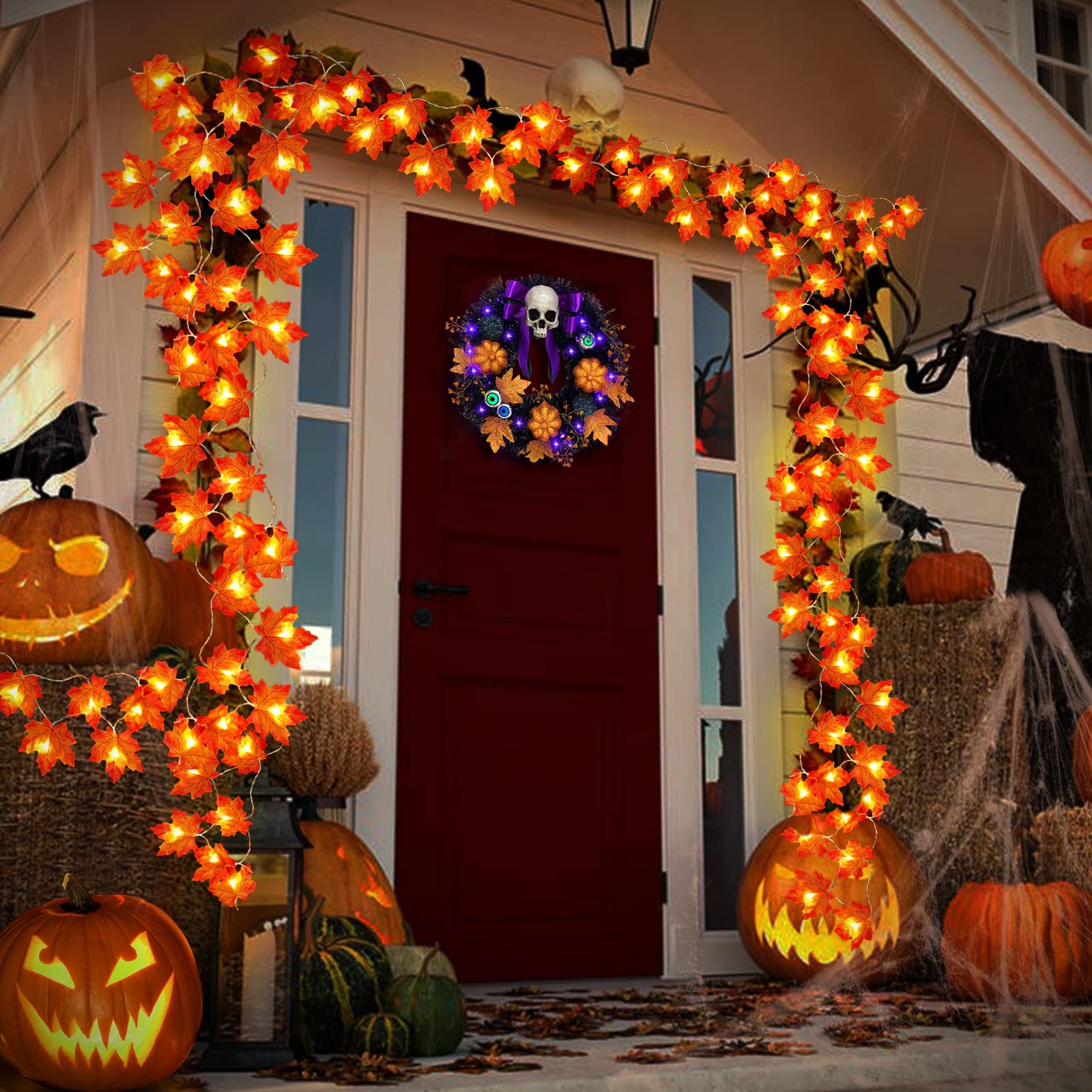 TURNMEON 30Ft Fall Garland with 60 LED Lights, Orange Silk Leaves, Battery Operated Thanksgiving Decor for Indoor/Outdoor Use