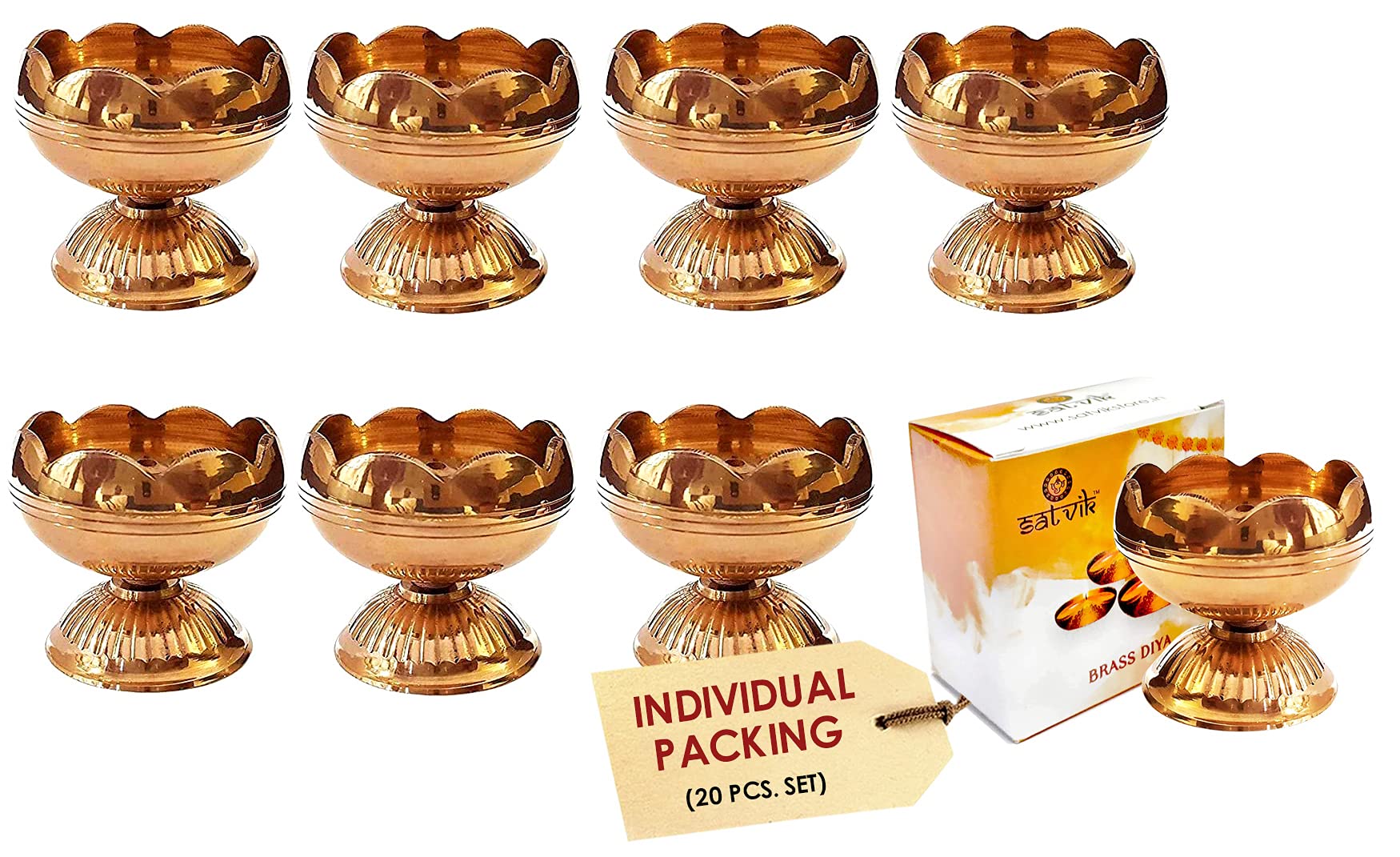 SATVIK 20 Pc Brass Diya (Big) for Diwali Decoration. Handmade Oil Lamp with Golden Engraved Made of Virgin Brass Metal. Diwali D