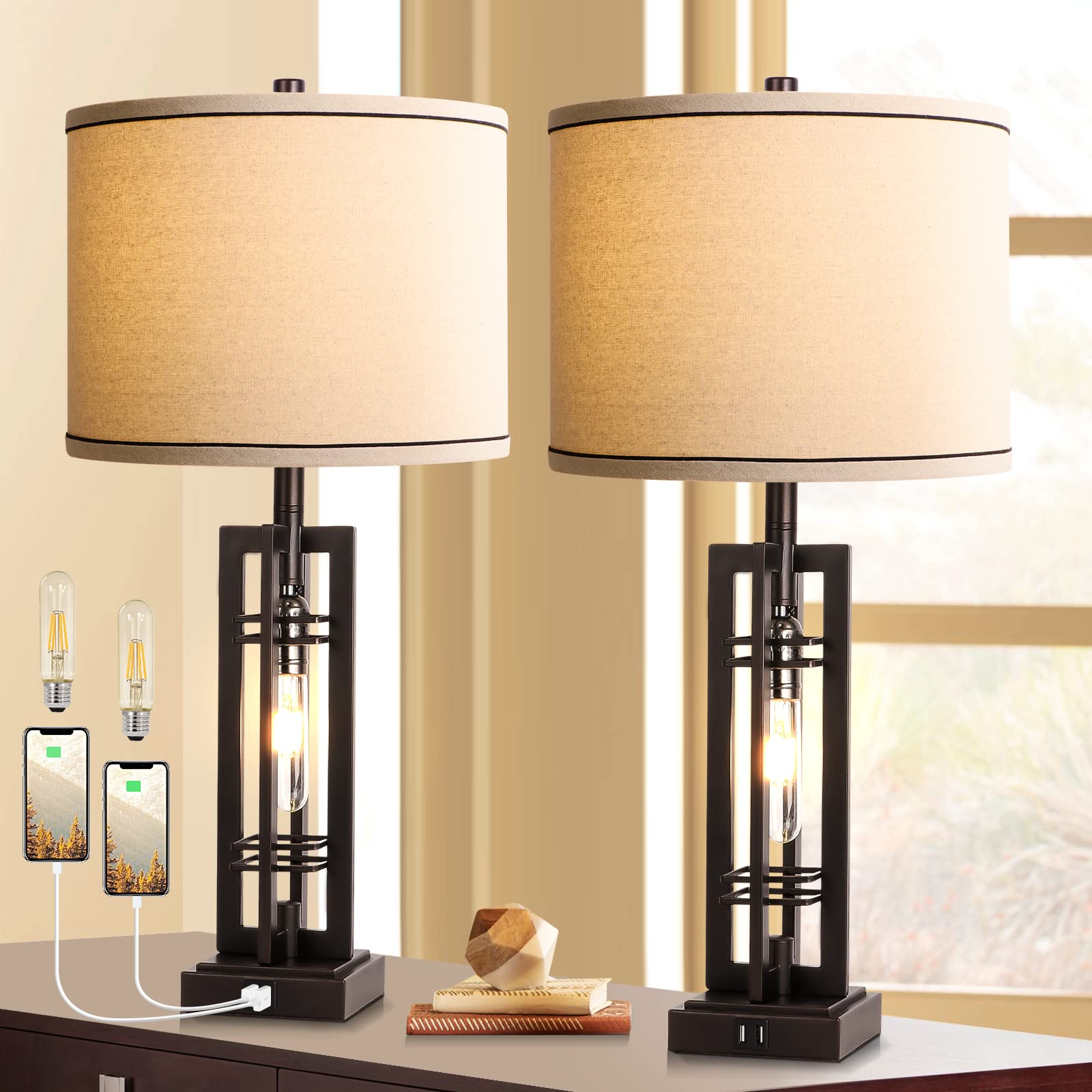 ROTTOGOON Set of 2 Farmhouse Table Lamps, 27.5" Tall, Oil-Rubbed Bronze with USB Ports & LED Nightlight, Off White Oatmeal Shade