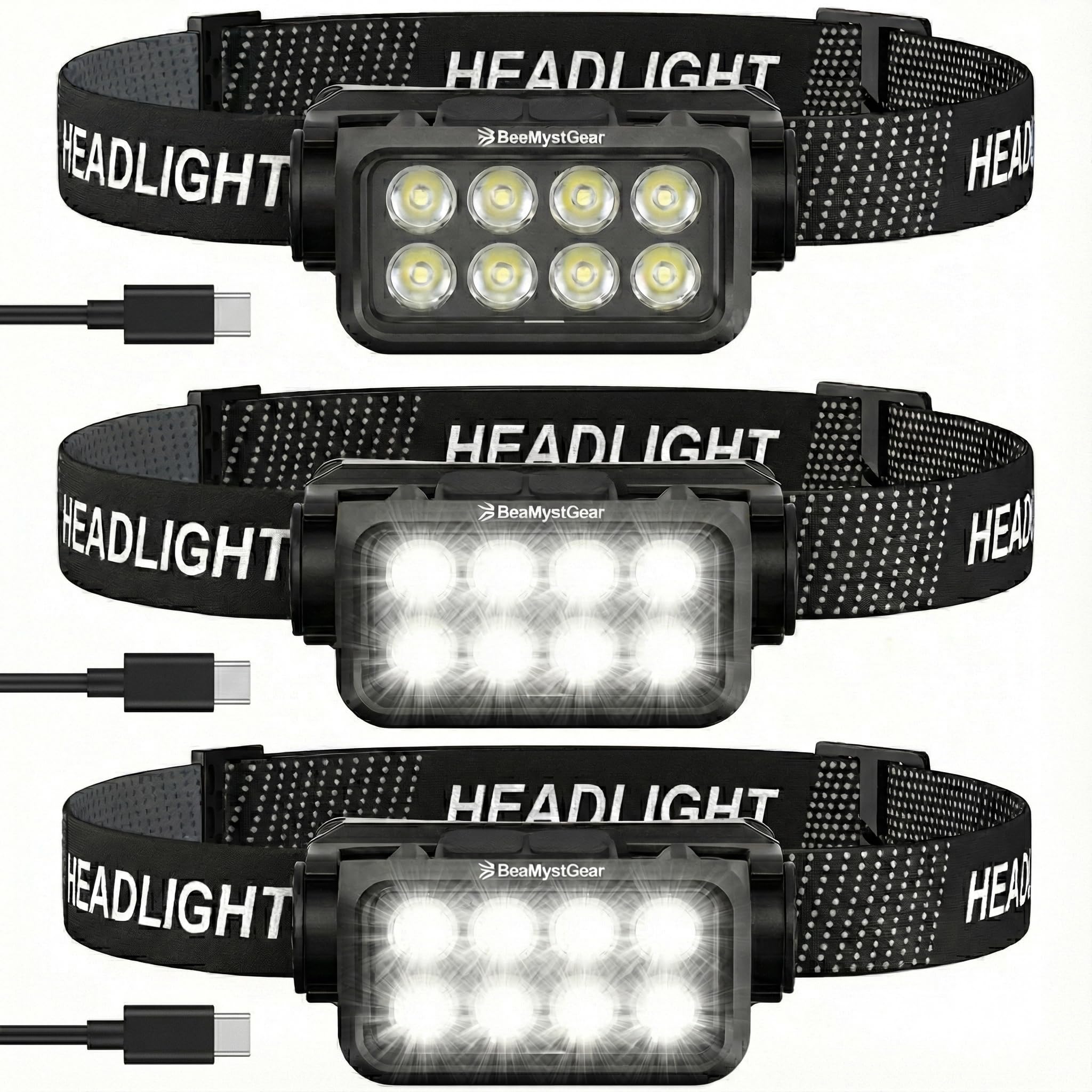 BeaMystGear 3 Pack Rechargeable Headlamp, 8 LED 1000 Lumens Super Bright LED Head Lamp Flashlight with Motion Sensor - Waterproo