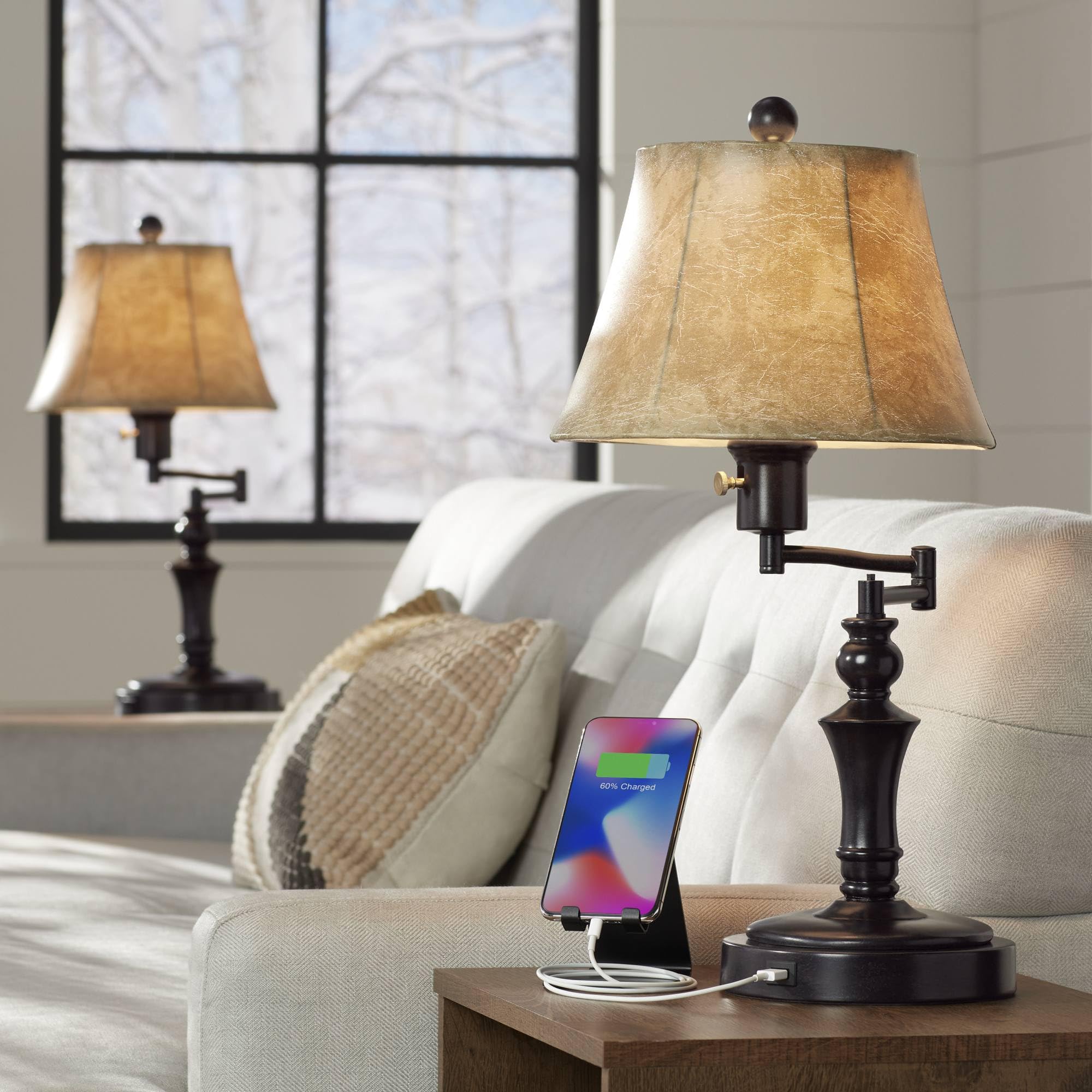 Regency Hill Corey 21 3/4 High Small Farmhouse Rustic Traditional Desk Lamps Set of 2 USB Port with Socket Swing Arm Brown Bronz