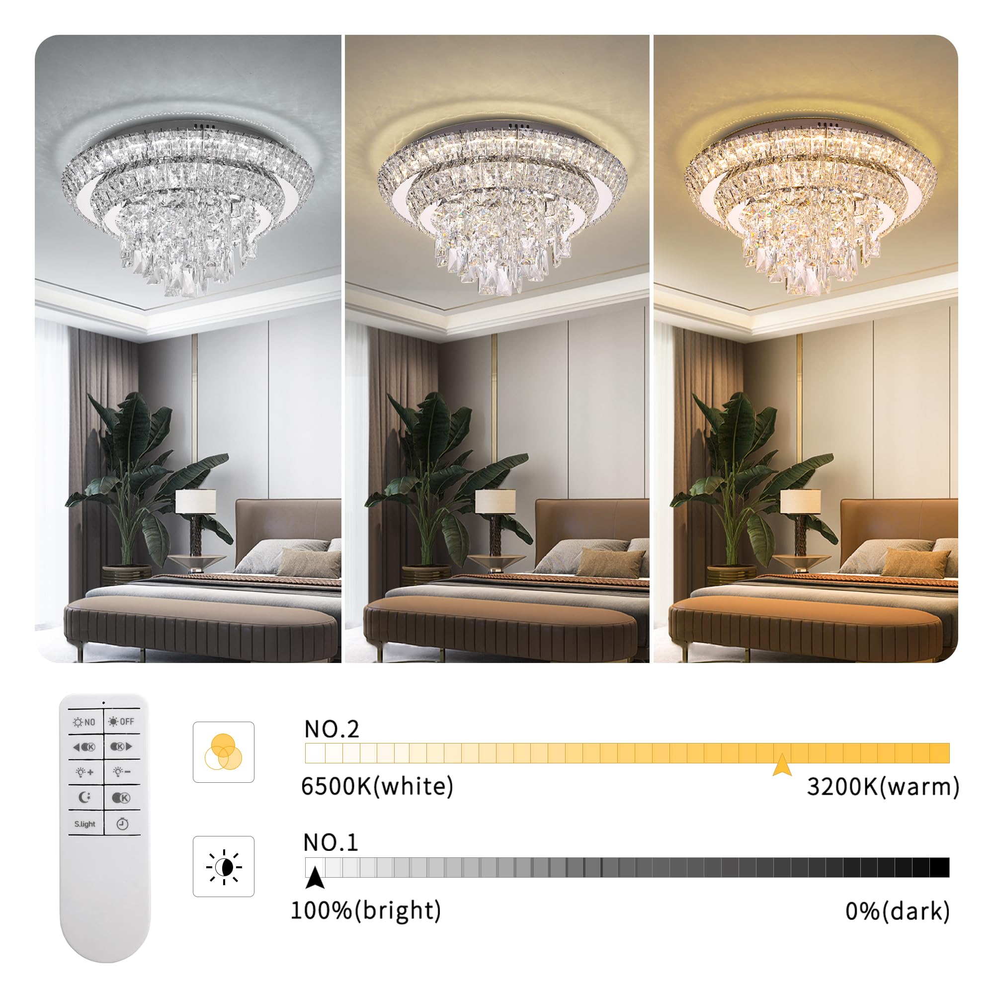 Redstar 18'' Crystal Ceiling-Light Flush Mount With Remote Control, Colors Temp & Brightness Adjustable, Modern Crystal Raindrop