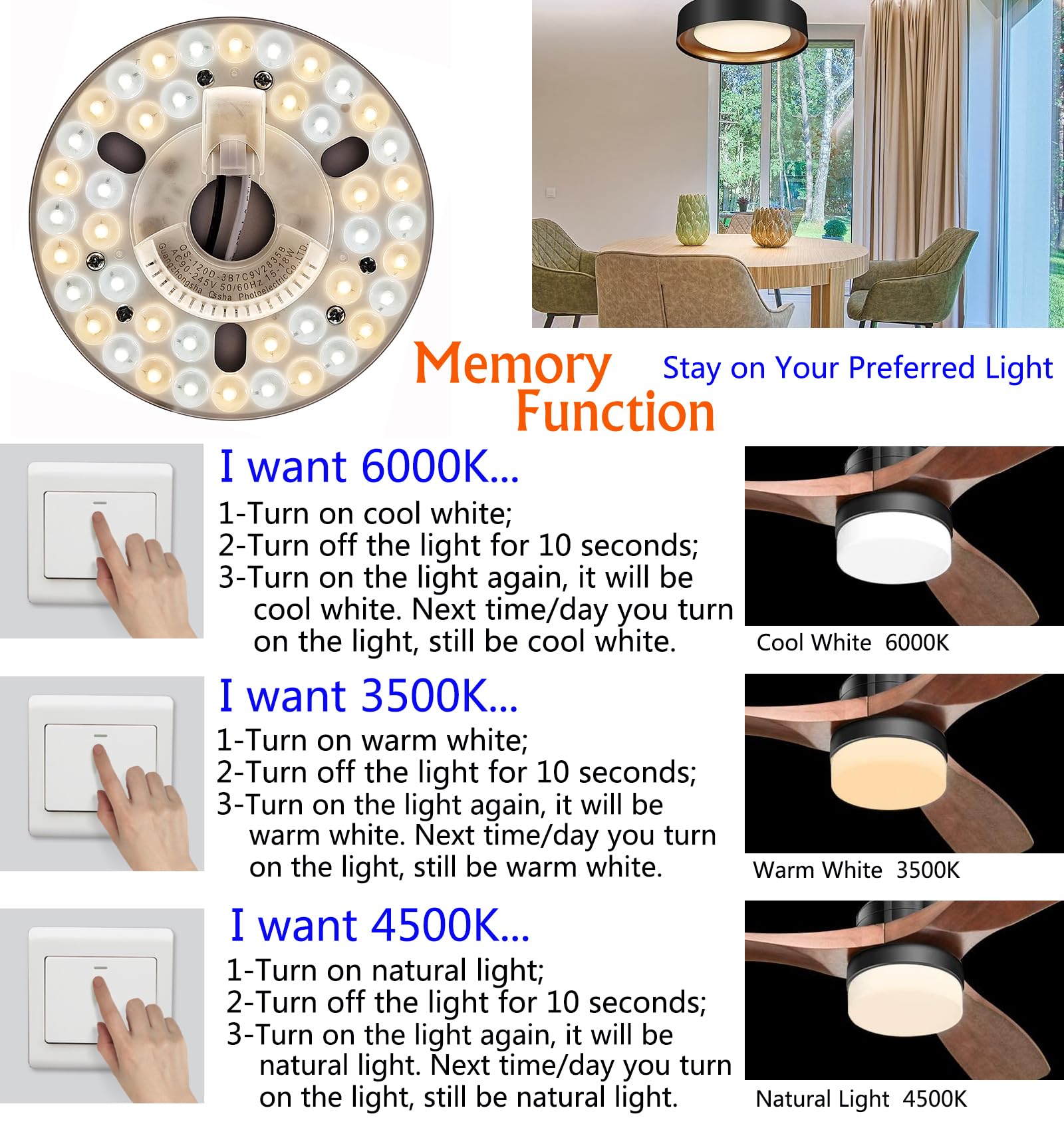 Zhairdalstar 18W Dimmable LED Light Engine Retrofit Kit, 3 CCT, ETL Listed, for Ceiling Fan Light Replacement