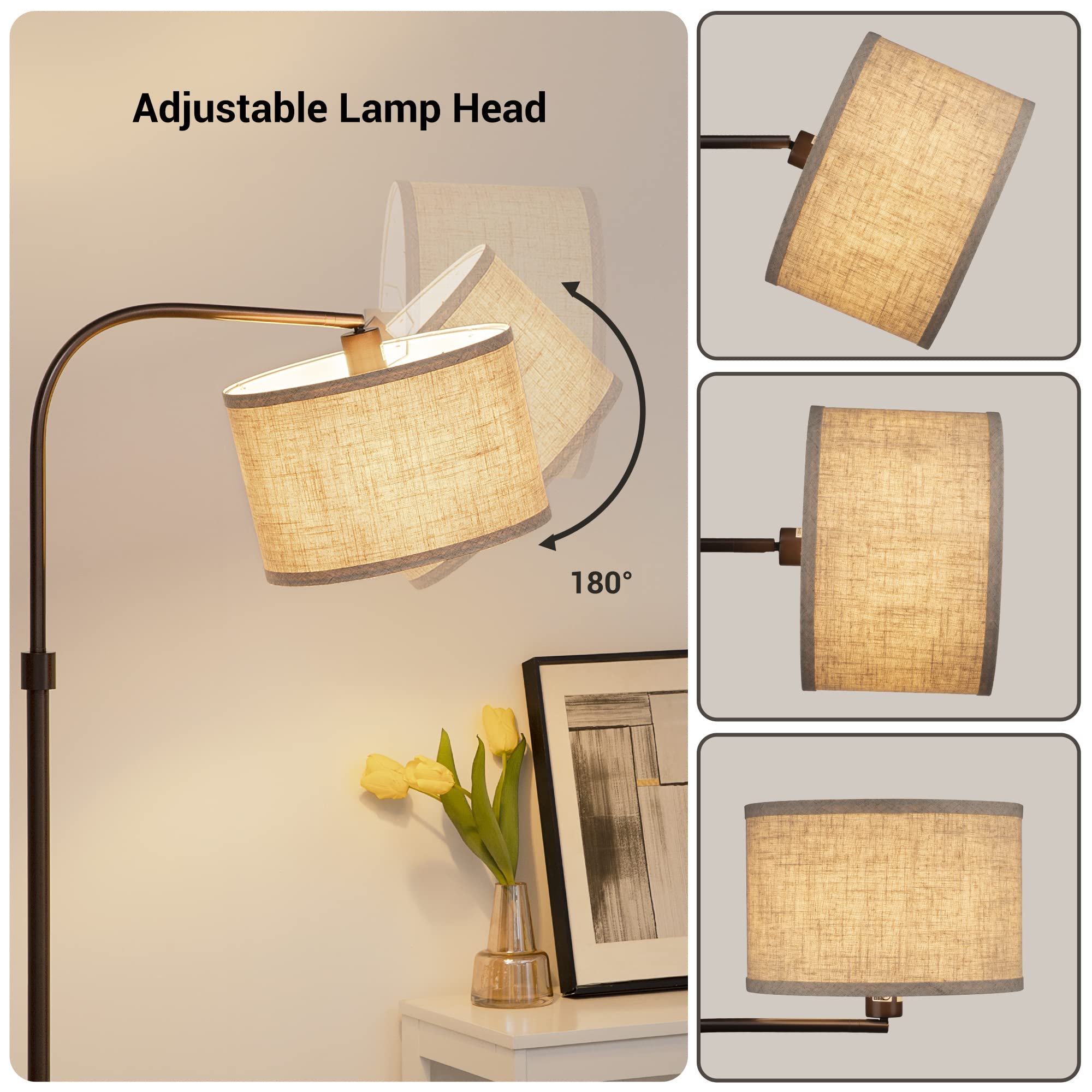 EDISHINE Arched Floor Lamp - Adjustable Linen Shade, Minimalist Design, Bronze Finish, Ideal for Living Room, Bedroom, Office, Model HOFL04G