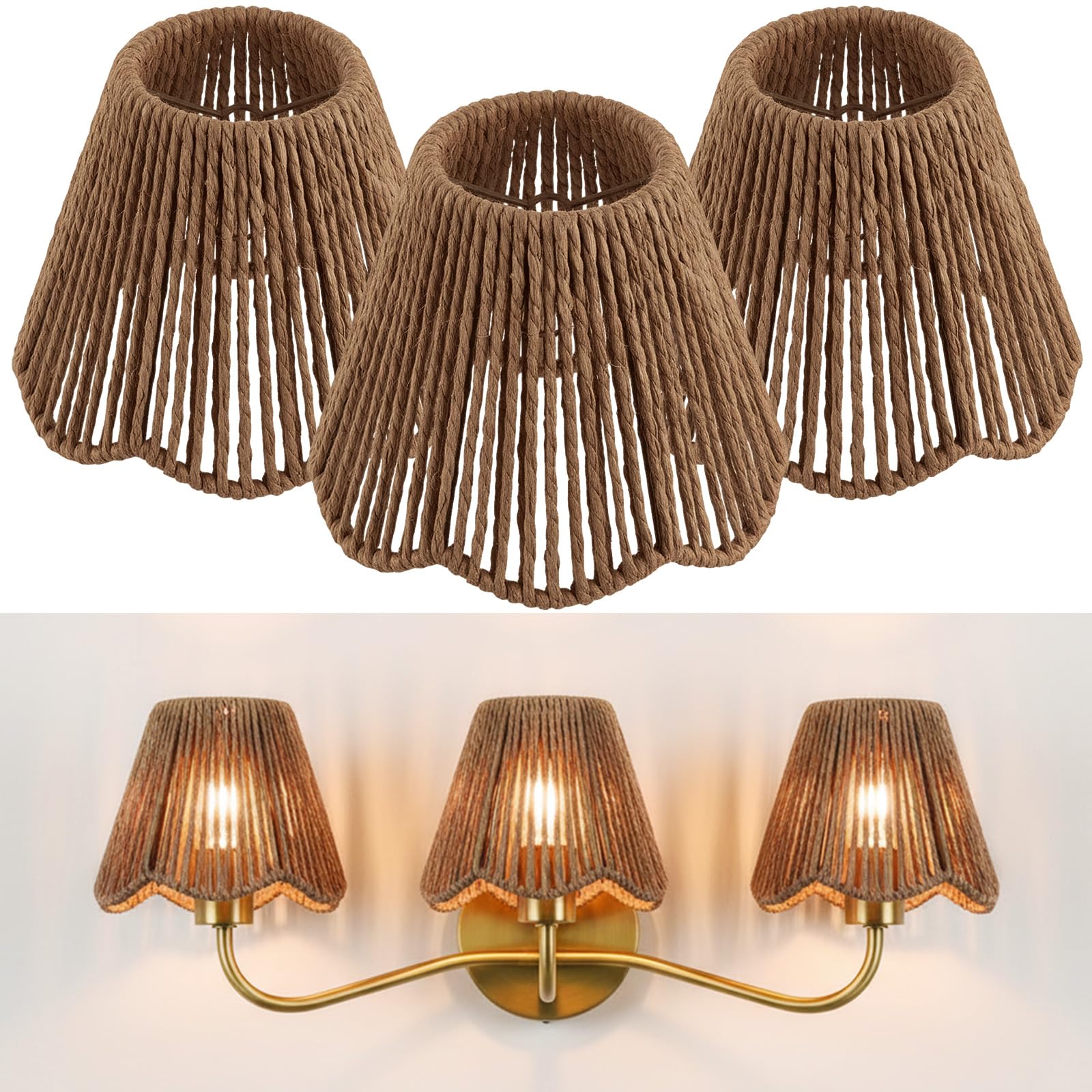 VIHOSE 3 Pack Small Rattan Lampshade 3 x 5 x 6 Inch Boho Vertical Striped Rattan Lampshade Replacement with Petal Edges for Tabl