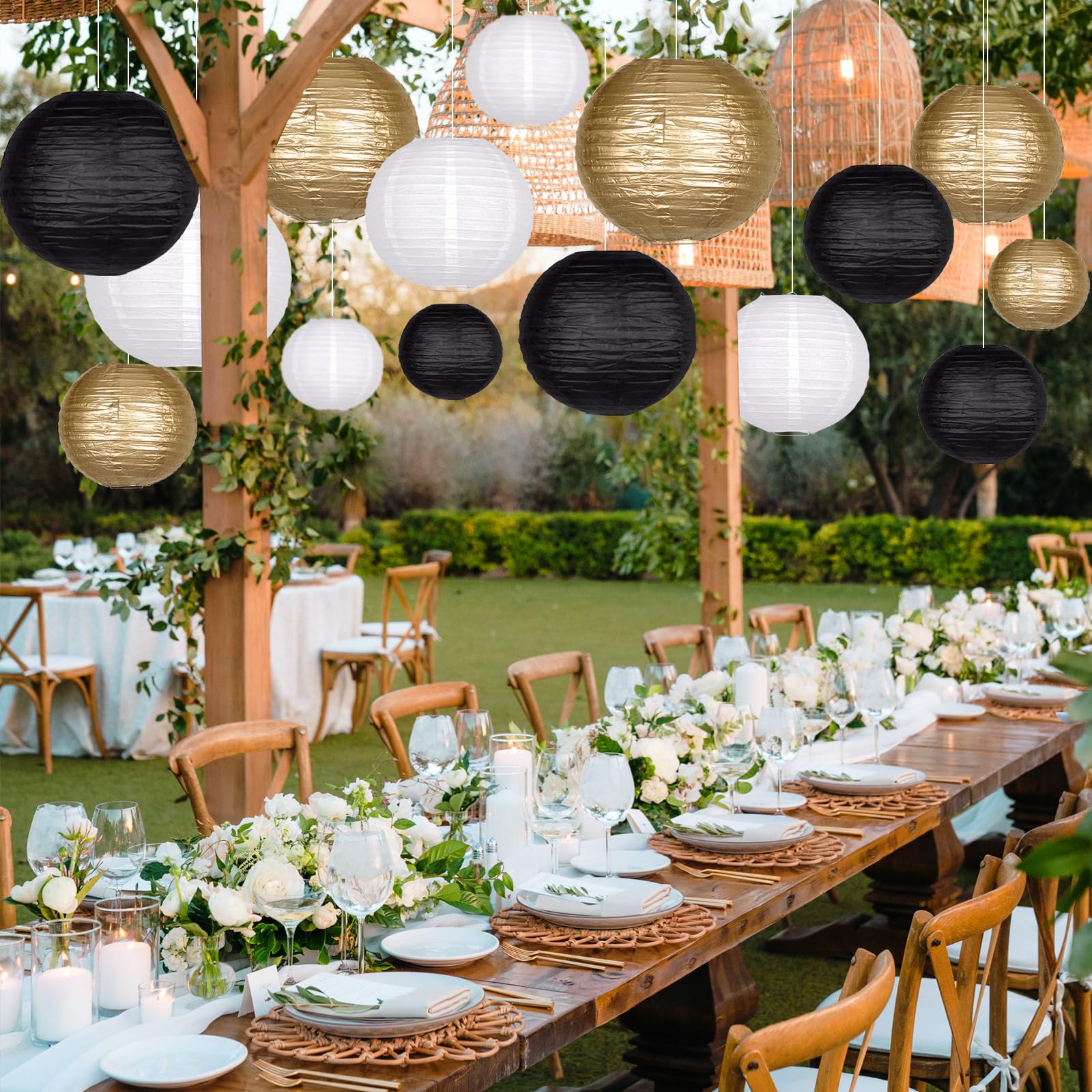15Pcs Paper Lanterns Black Gold Round Hanging Chinese Paper Lanterns 4'' 6'' 8'' 10'' 12'' For Bachelorette Engagement Wedding B