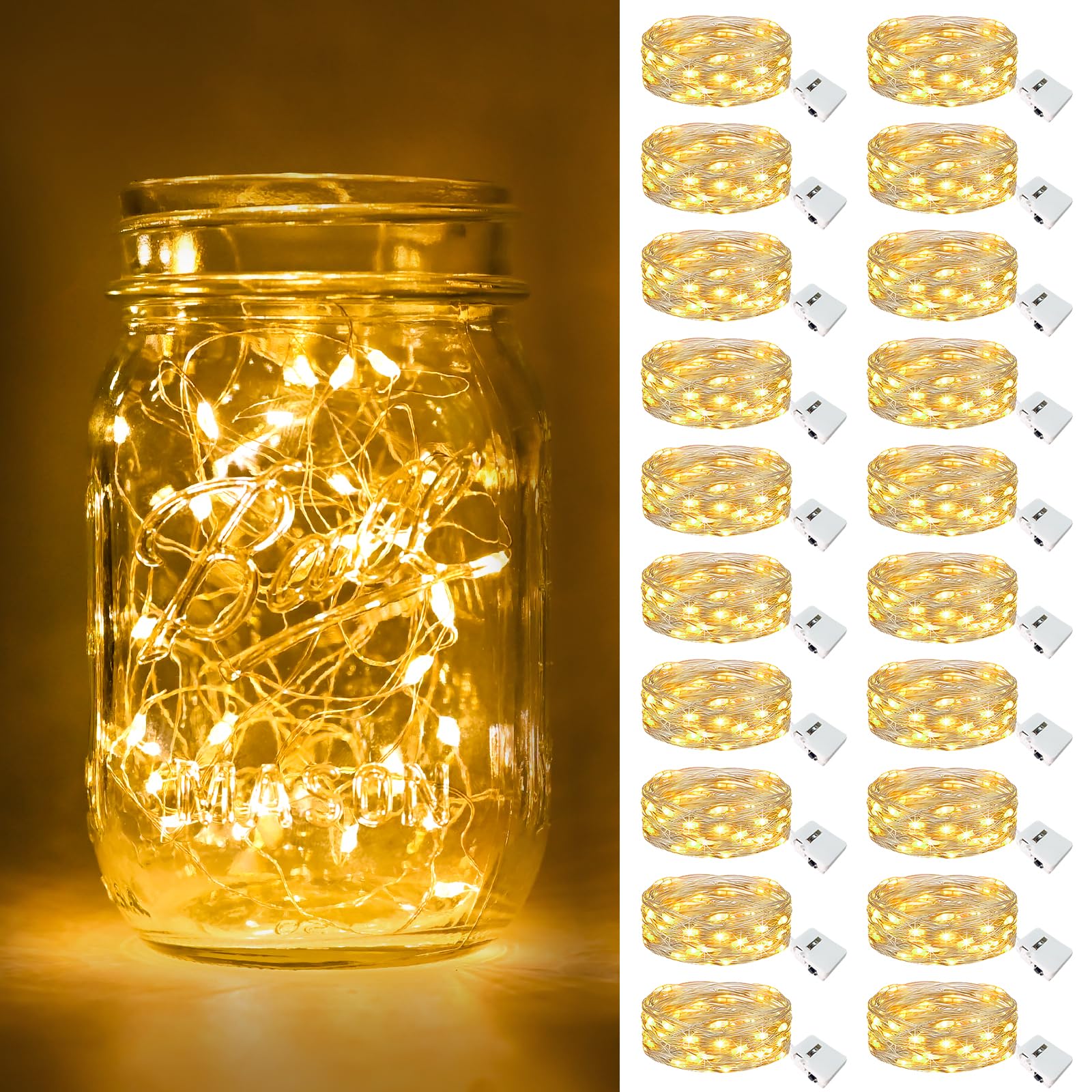 btfarm 20 Pack Fairy Lights Battery Operated  3 Modes 7ft 20 Led Twinkle Lights  Mini Bulk String Lights Waterproof Silver Wire for Mason Jars Christmas Wedding Vases Centerpiece Decor  Warm White