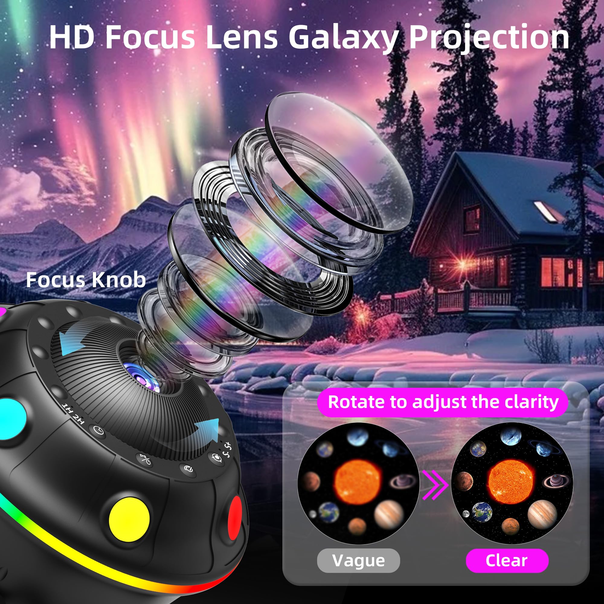 FlyEagle UFO Galaxy Projector - 12 HD Film Discs, Bluetooth Speaker, Timer, Gray, Model BL-E03