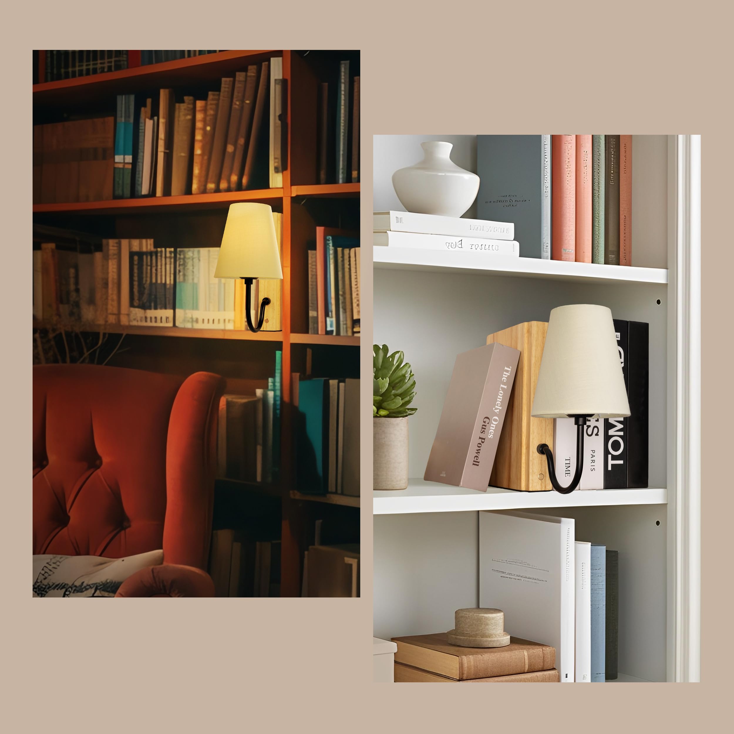AELS Wooden Bookshelf Lamp - 3-Color Dimmable Touch Control, Linen Shade, Plug-in Model, Natural Finish, Model SL0962