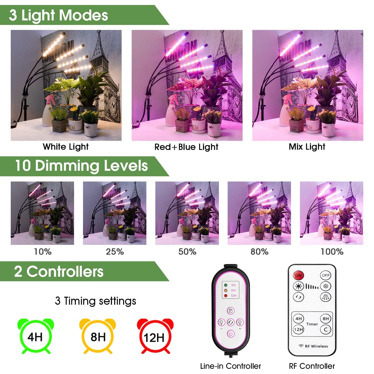 Growstar 80W Grow Light With Stand Tripod, 4 Heads Plant Light With Timer 4/8/12H, Grow Lamp Full Spectrum 360°Adjustable Gooseneck & Tripod For Indoor Plants.