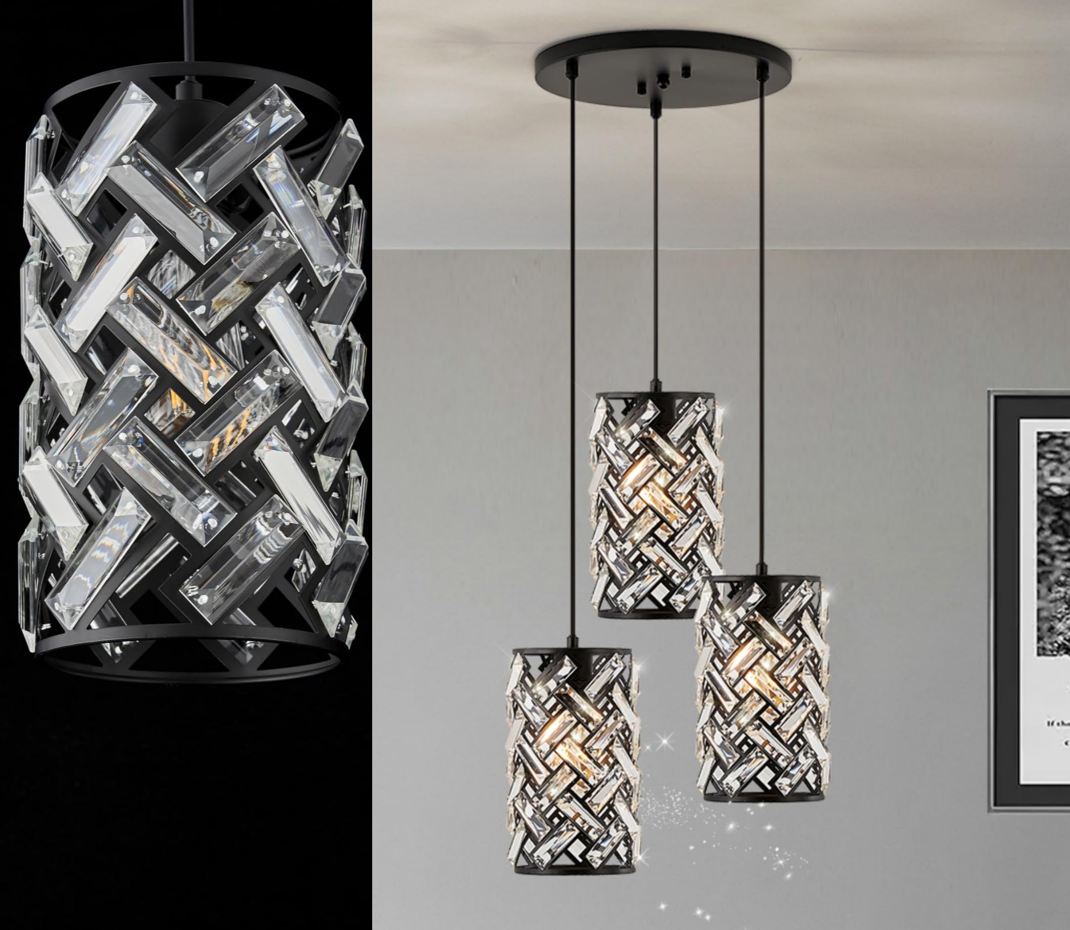 CATINER 3 Lights Crystal Pendant Light Modern Black Mini Chandelier, Adjustable Cluster Pendant Light Fixture for Kitchen Island